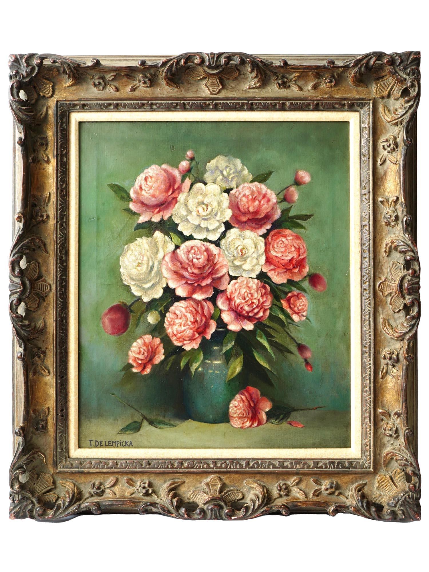 ATTR TO TAMARA DE LEMPICKA STILL LIFE OIL PAINTING: Attributed to Tamara de Lempicka, Polish, 1898 to 1980, oil painting on canvas depicting a still life with peony flowers. Signed lower left. Framed. Tamara de Lempicka, was a Polish painter who spent