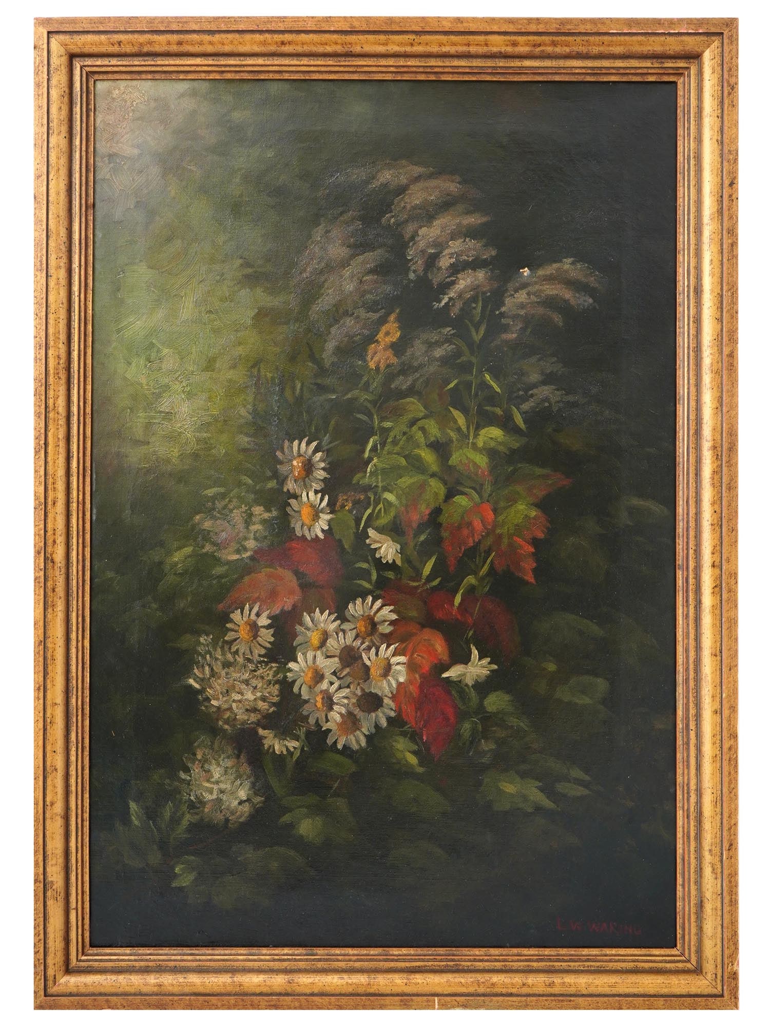 AMERICAN STILL LIFE OIL PAINTING BY LAURA WH WARING: Laura Wheeler Waring, American, 1887 to 1948, oil painting on canvas depicting a still life with blossoming flowers and plants. Signed lower right. Framed. Laura Wheeler Waring. Framed. Laura Wheeler 