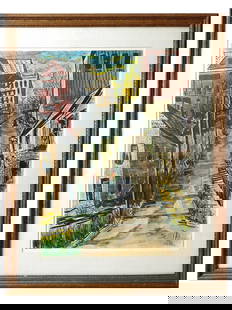 AMERICAN WATERCOLOR PAINTING BY CHARLES E BURCHFIELD: Charles Ephraim Burchfield, American, 1893 to 1967, watercolor painting on paper depicting a townscape, 1935. Signed with a monogram and dated, lower right. Framed. Charles Ephraim Burchfield was an A
