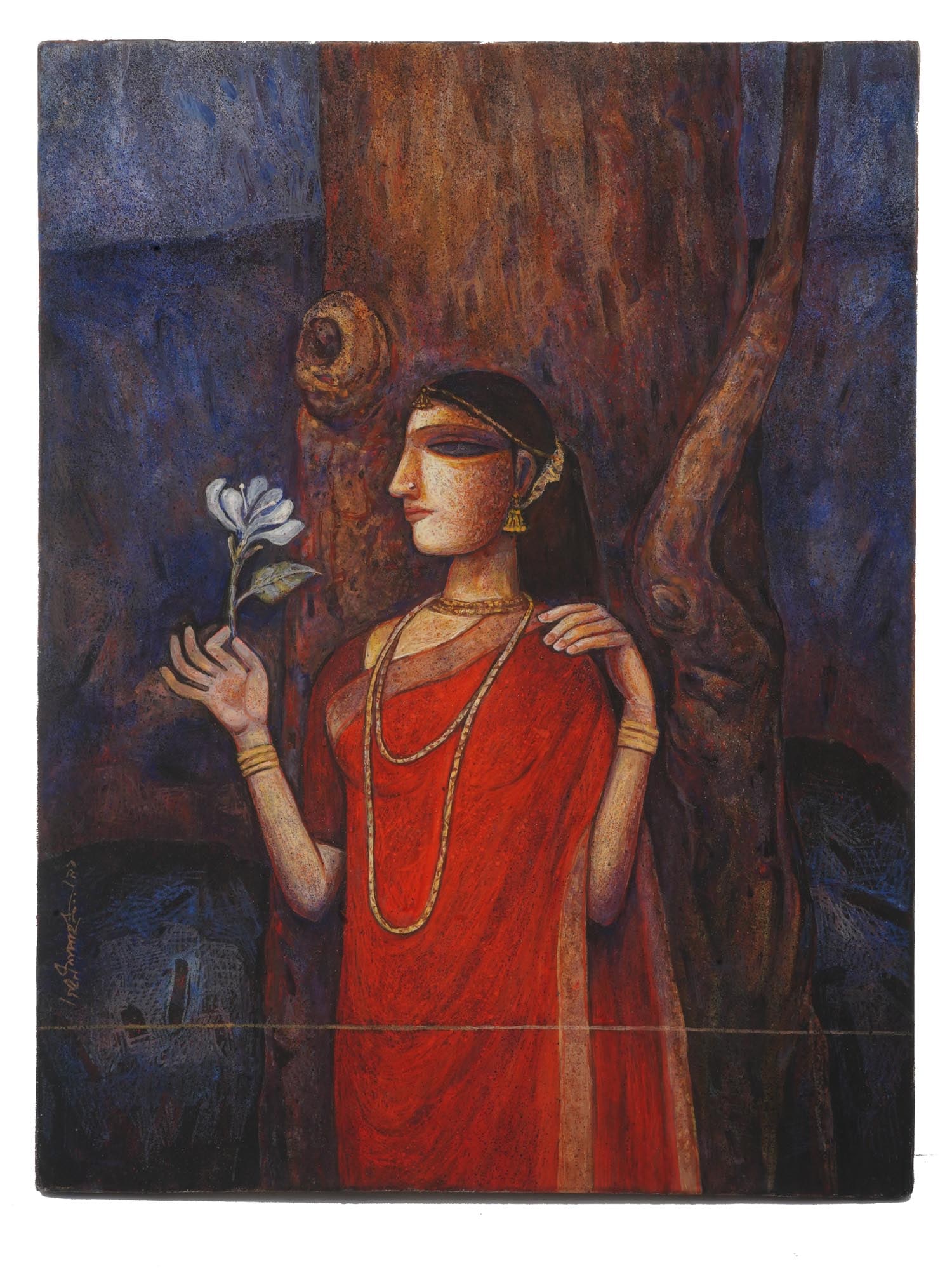 MODERN INDIAN TEMPERA PAINTING BY GANESH PYNE W COA: Ganesh Pyne, Indian, 1937 to 2013, tempera painting on canvas depicting a portrait of a woman with a flower, 1991. Signed and probably dated, lower left. Completed with a Certificate of Authenticity f