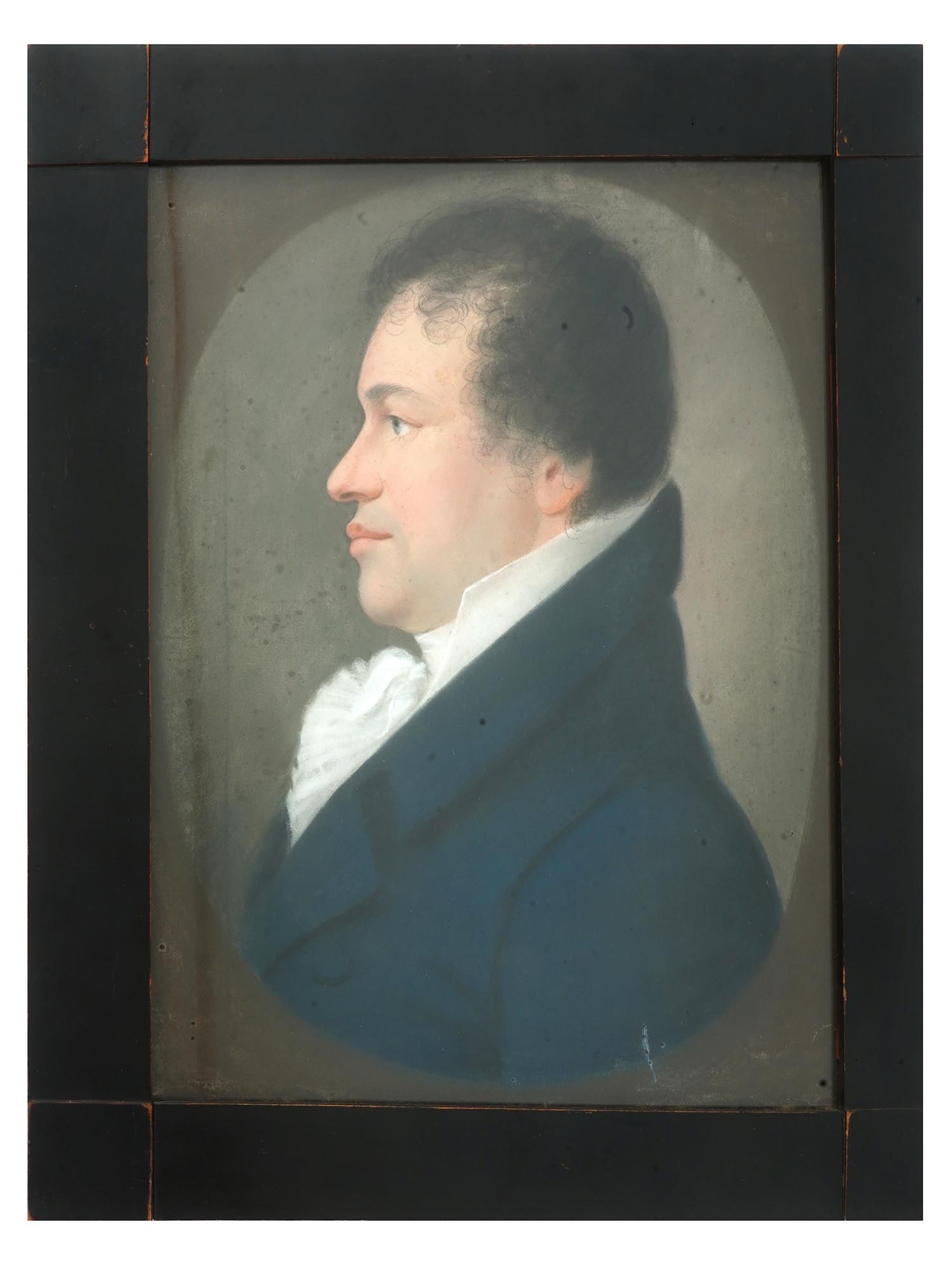 ANTIQUE FRENCH PASTEL PORTRAIT PAINTING OF GENTLEMAN: An antique French pastel portrait depicting a gentleman in profile facing left. Unsigned. Framed. Circa the late early 19th century. Antique French Portrait Paintings And Art Collectibles. Dimensions: