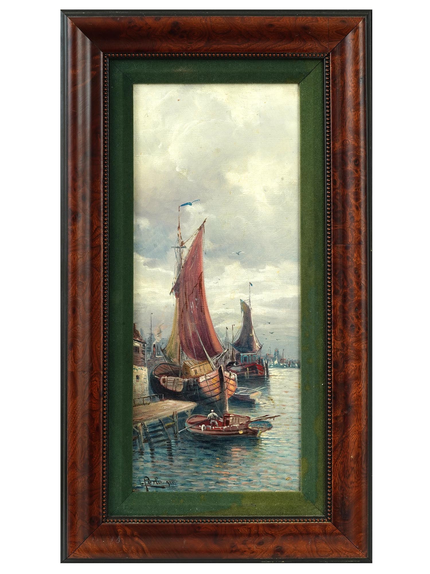 ANTIQUE PORT SEASCAPE OIL PAINTING BY LEO PERLA (1 of 4)