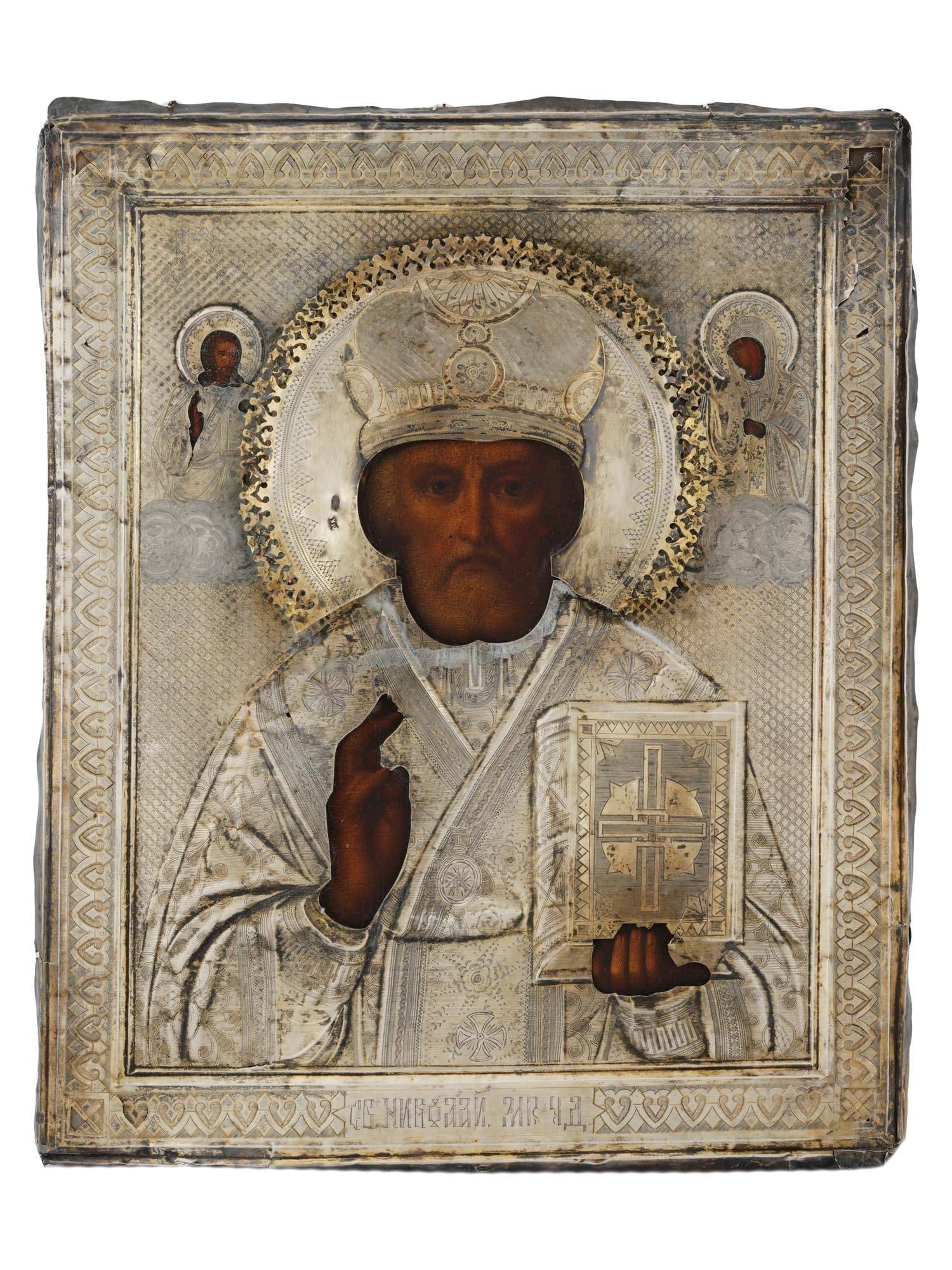 ANTIQUE RUSSIAN SAINT NICHOLAS ICON IN SILVER OKLAD (1 of 6)