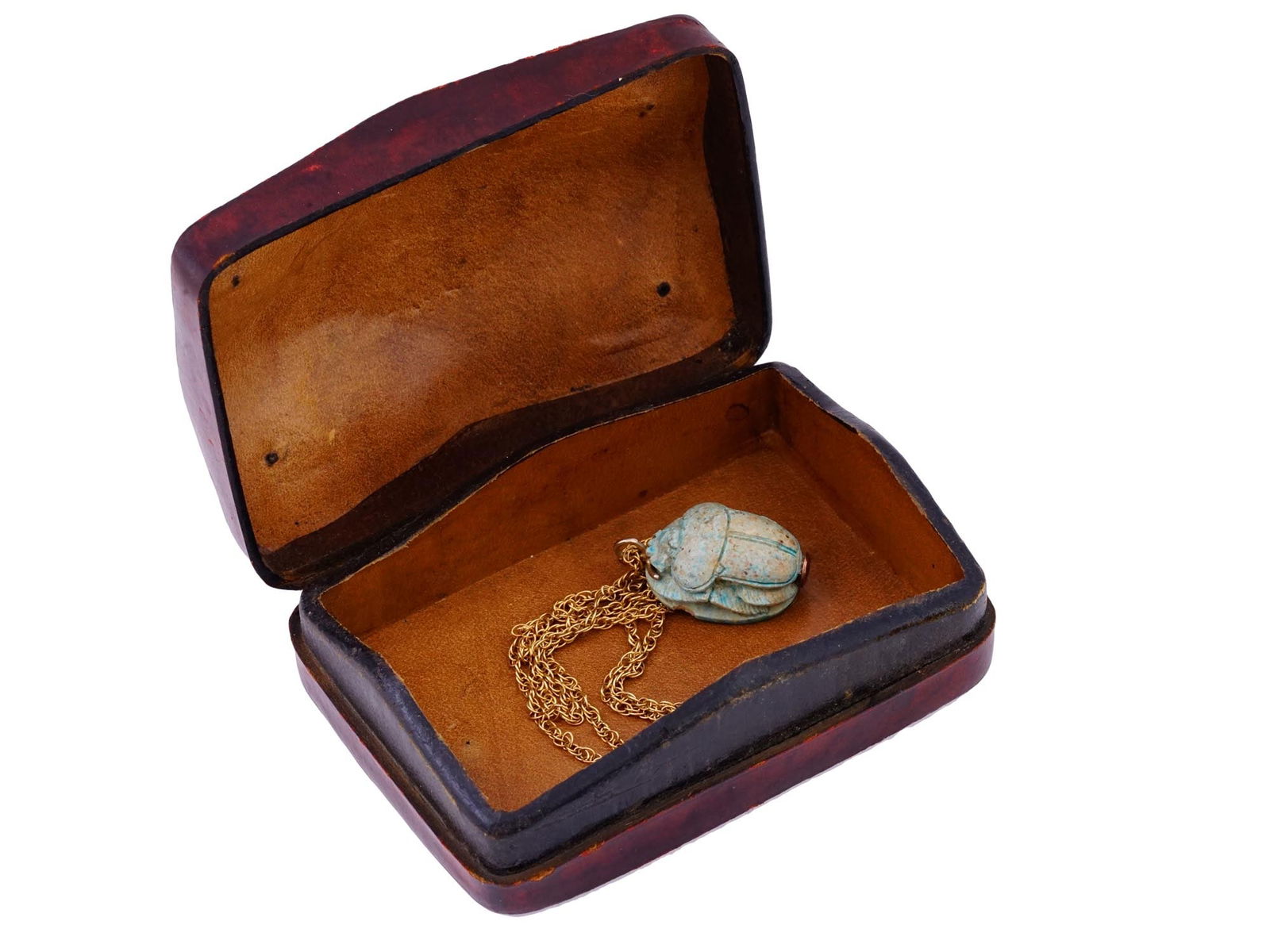 EGYPTIAN FAIENCE SCARAB NECKLACE WITH 14K GOLD CHAIN (1 of 7)