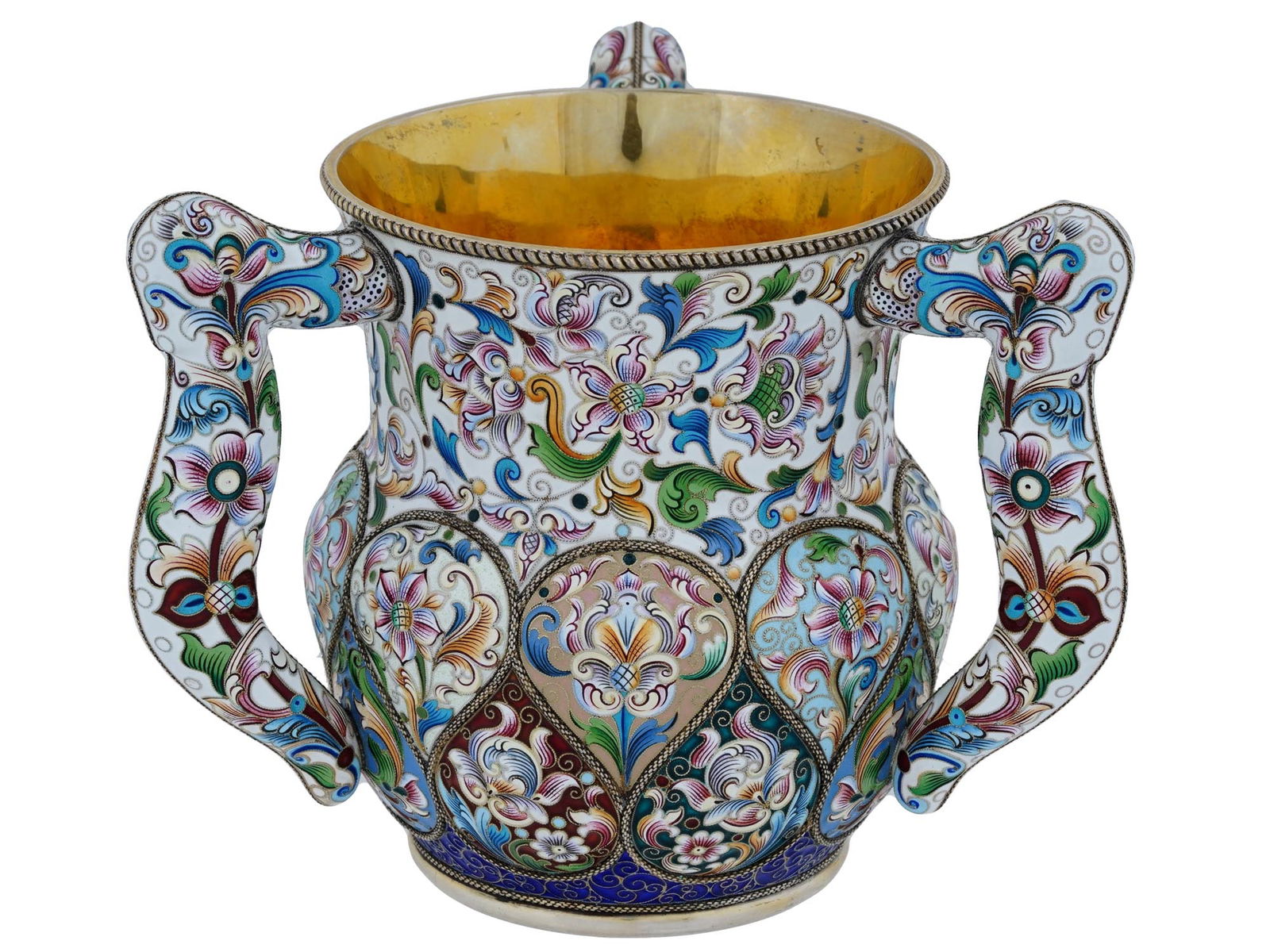 RUSSIAN GILT SILVER AND ENAMEL THREE HANDLED CUP (1 of 5)