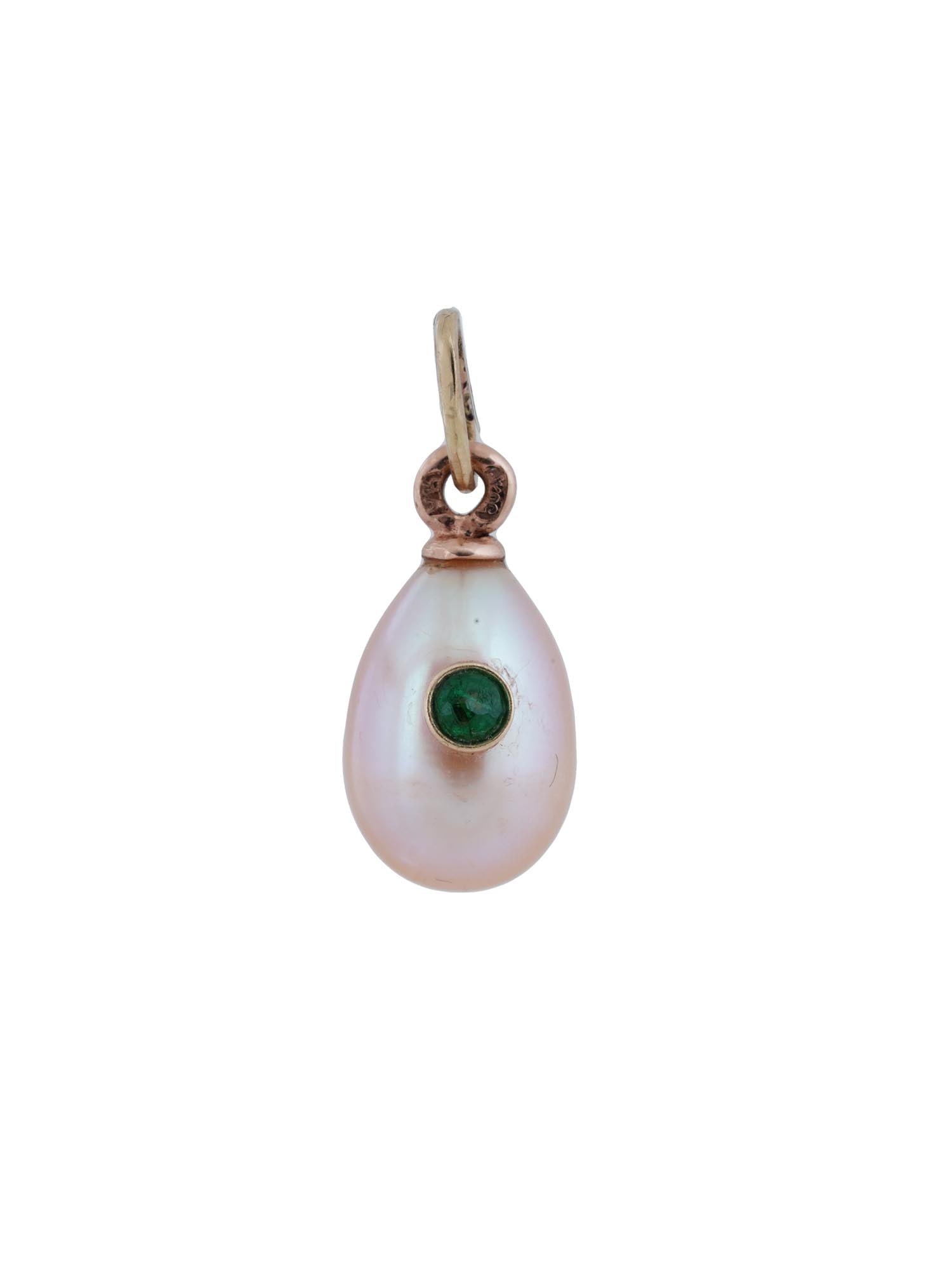 RUSSIAN 14K GOLD PEARL EGG PENDANT WITH EMERALD (1 of 5)