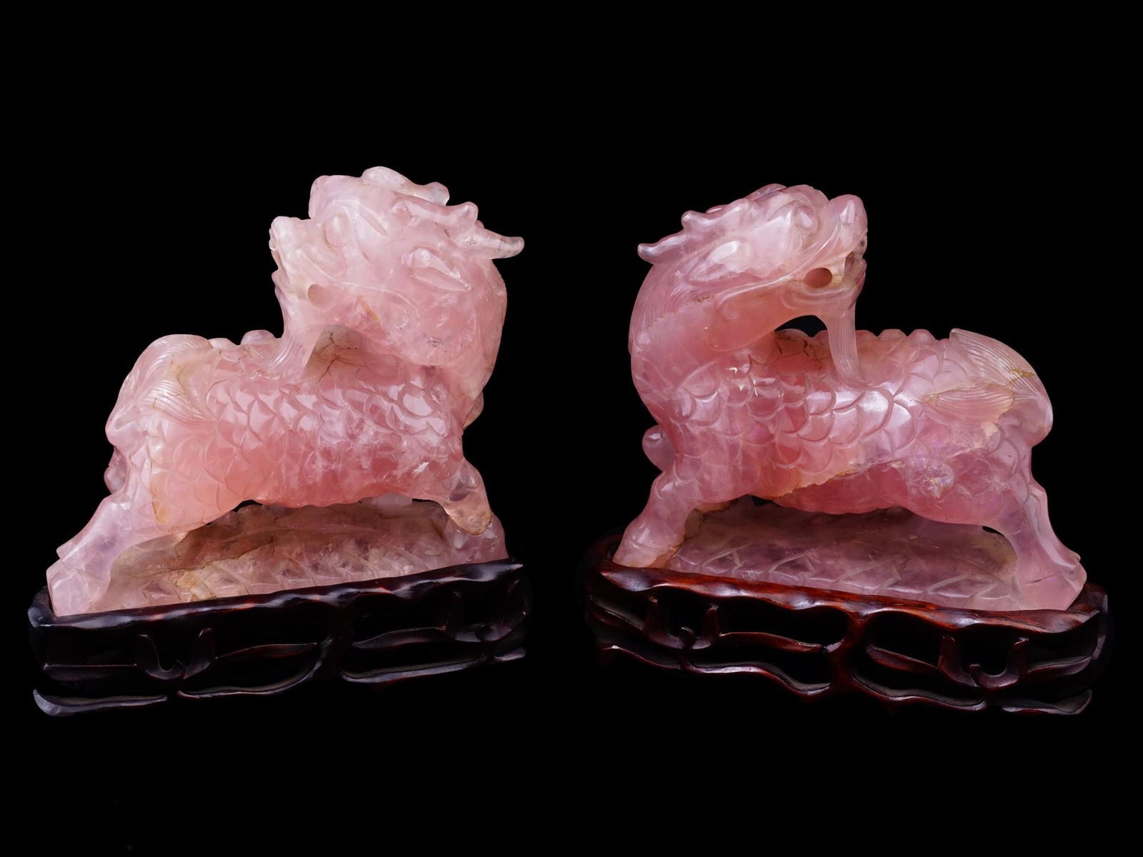 CHINESE CARVED ROSE QUARTZ KIRIN FIGURES W STANDS (1 of 7)
