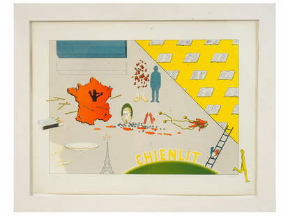 1969 LIMITED EDITION COLOR LITHOGRAPH BY JAN VOSS: Color lithograph on paper by Jan Voss, born 1936, a German-born French Modernist artist. The artwork is a collage of Surrealist characters and objects related to the theme of French history in the XX