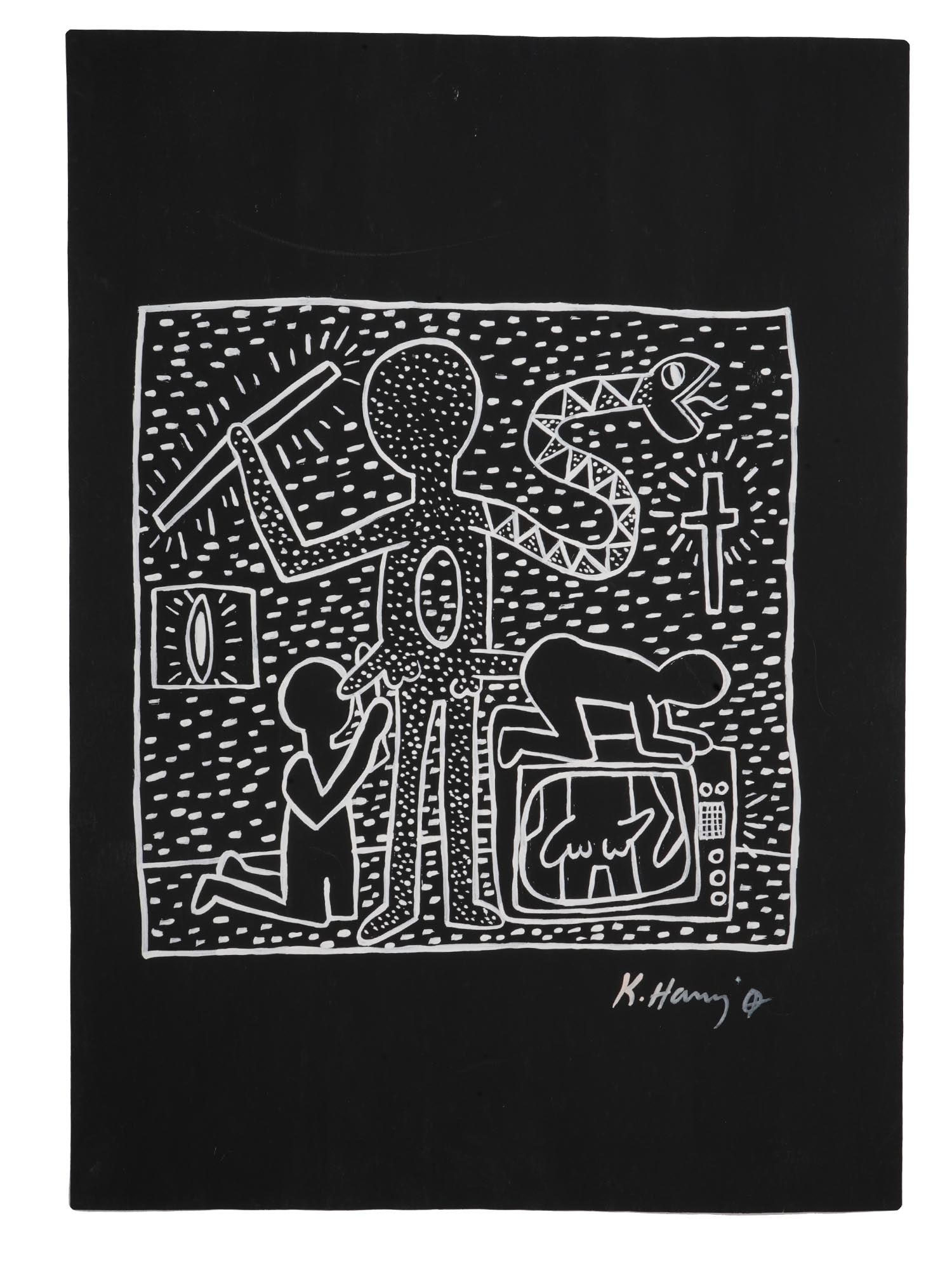 AMERICAN KEITH HARING MIXED MEDIA PAINTING W COA: Keith Haring, American, 1958 to 1990, mixed media painting on paper depicting Pop Modern erotic scene, 1983. Signed lower right. Certificate of authenticity on the backside. Keith Allen Haring was an
