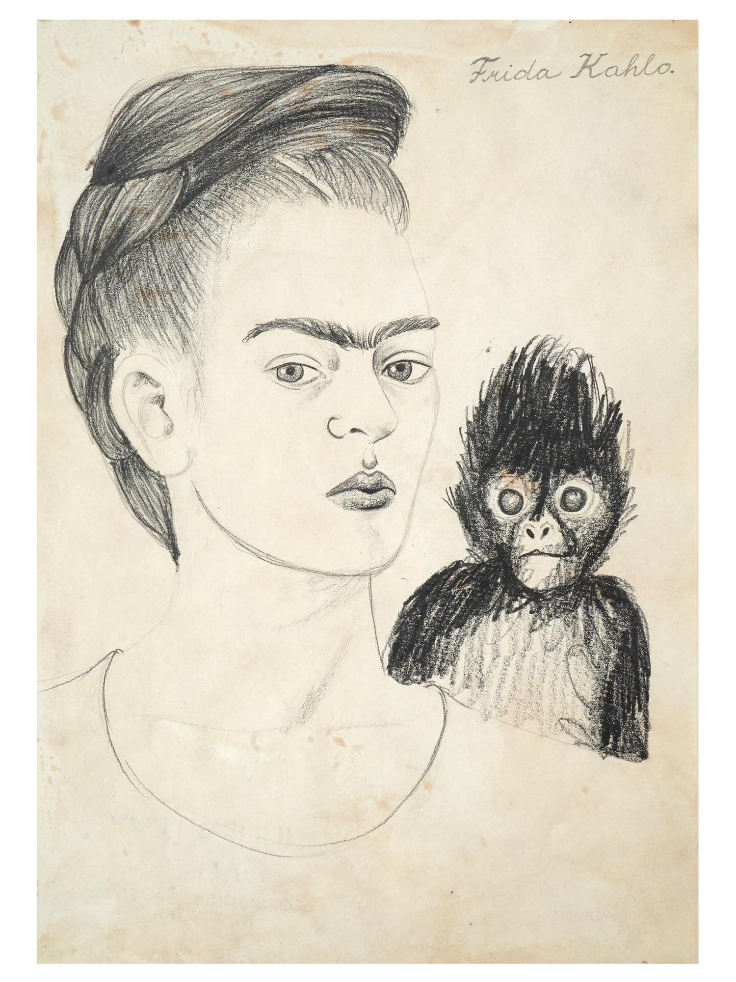 ATTR TO FRIDA KAHLO SELF PORTRAIT PENCIL PAINTING (1 of 4)