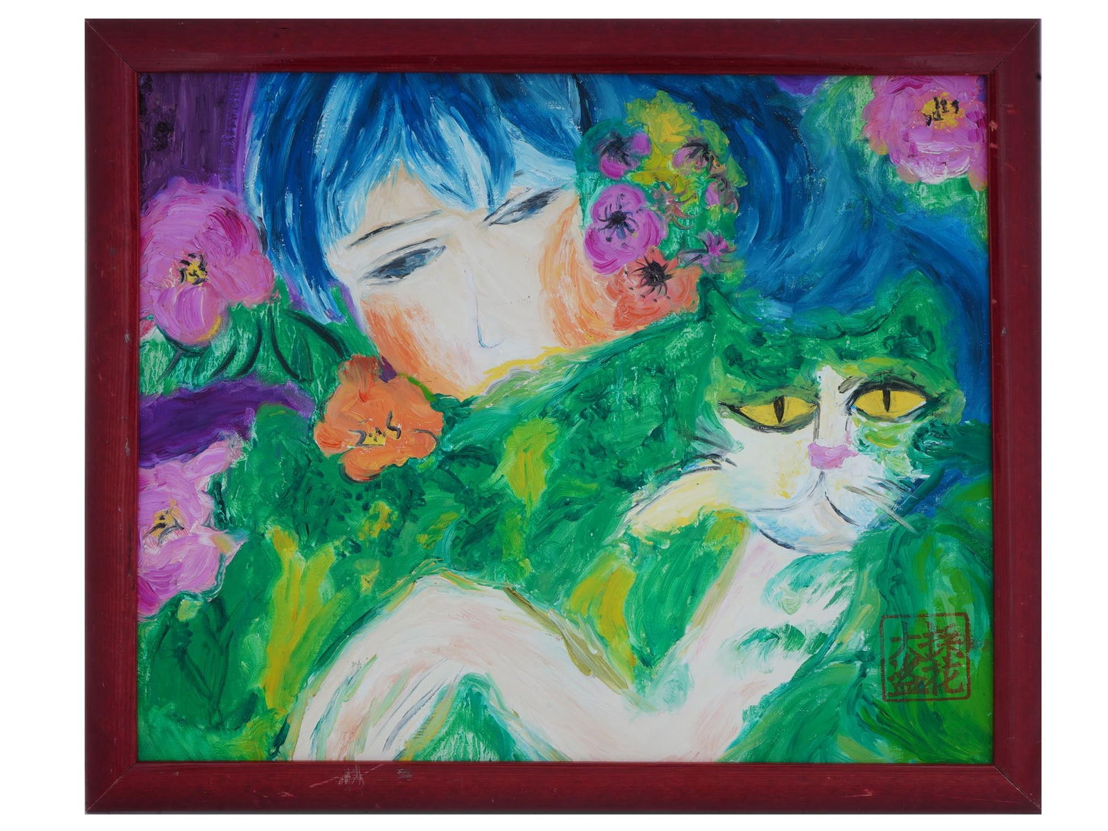CHINESE CAT PORTRAIT OIL PAINTING BY WALASSE TING: Walasse Ting, American, Chinese, 1929 to 2010, oil painting on canvas depicting a portrait of a girl with a cat and flowers. Signed with a Calligraphic seal, lower right. Framed. Walasse Ting was a Ch