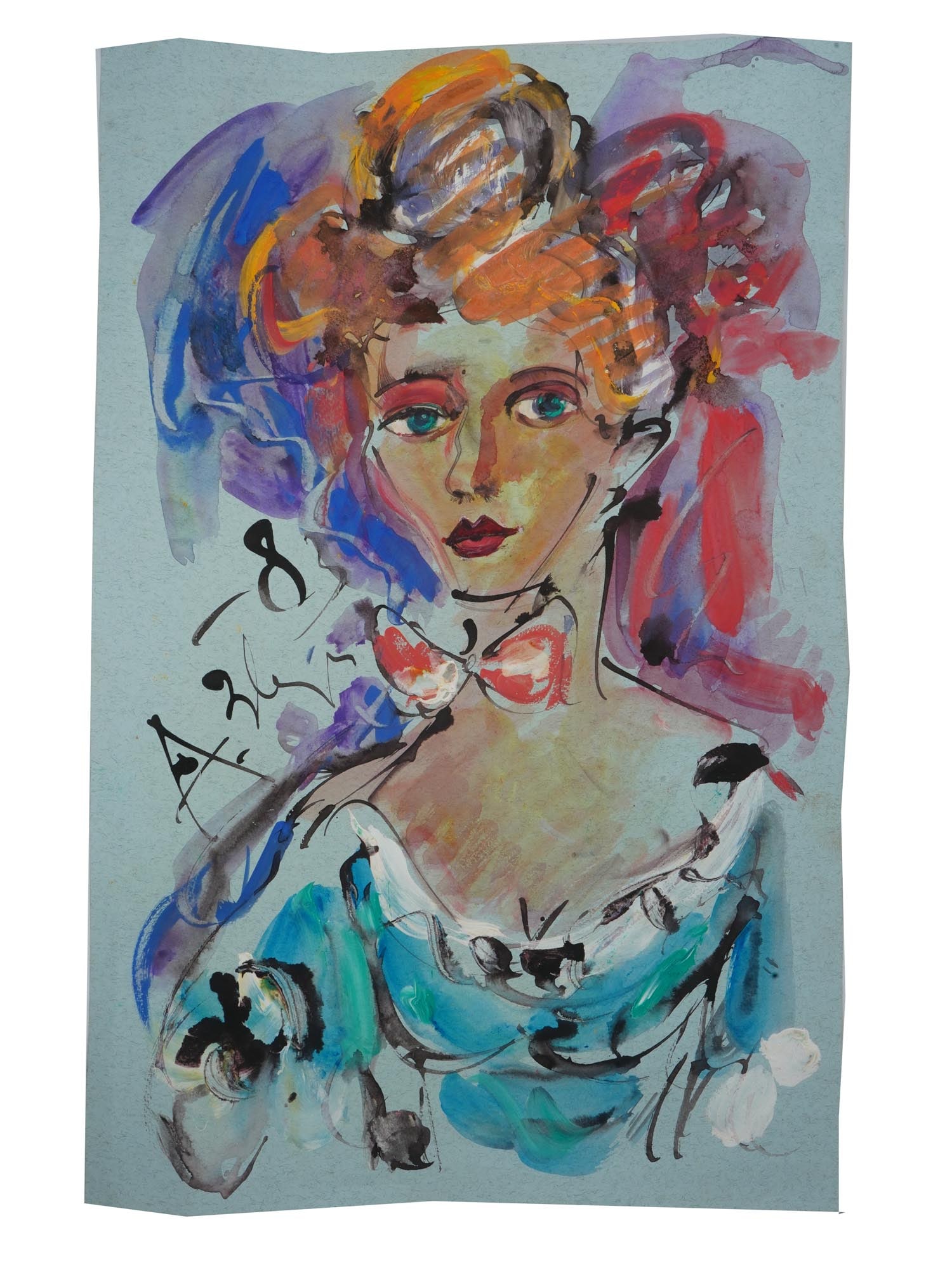 ATTR TO ANATOLY ZVEREV RUSSIAN MIXED MEDIA PAINTING: Attributed to Anatoly Timofeivich Zverev, Russian, Soviet era, 1931 to 1986, mixed media painting on paper depicting a portrait of a woman, 1983. Signed and dated, to the center left. Anatoly Zverev,