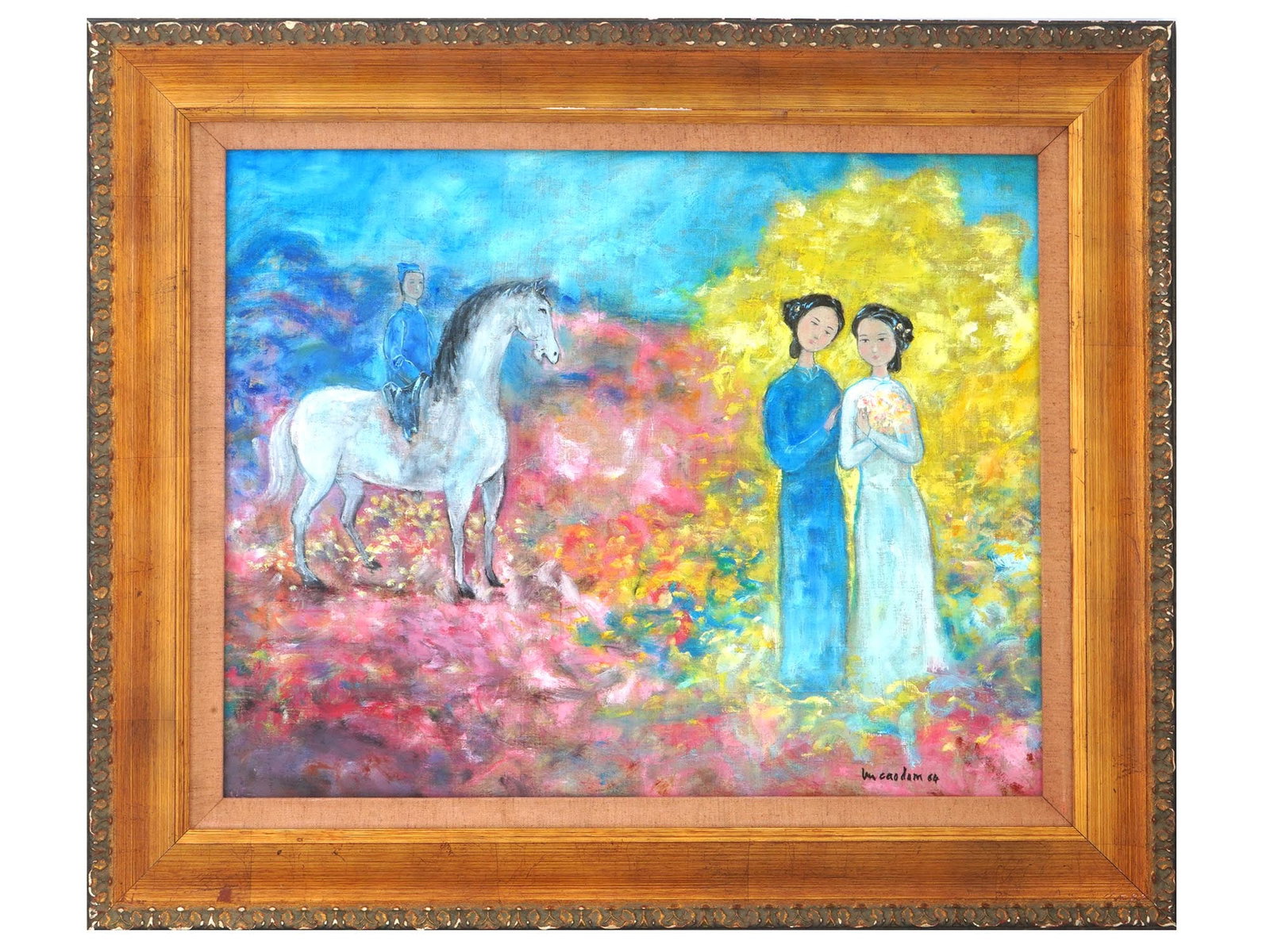 ATTR TO VU CAO DAM VIETNAMESE SCENE OIL PAINTING: Attributed to Vu Cao Dam, Vietnamese, 1908 to 2000, oil painting on linen canvas mounted on board depicting a romantic scene with two ladies and a man on a horseback, 1964. Signed in Latin, and dated,
