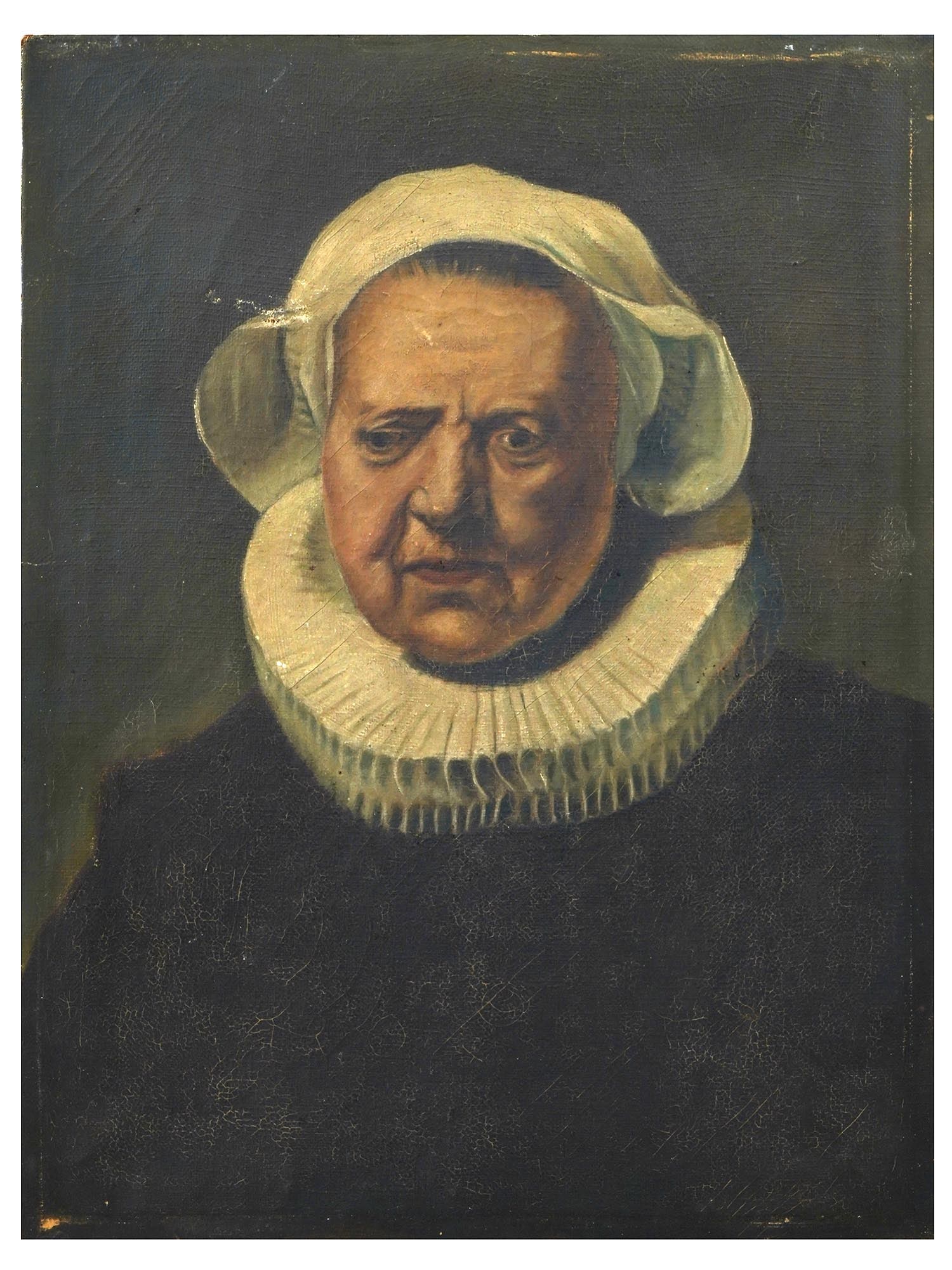 ANTIQUE DUTCH PORTRAIT OIL PAINTING AFTER REMBRANDT: An antique Dutch School oil painting on canvas after the original oil painting on wood, Portrait of Ahje Klasdotter, 1634, by Rembrandt Harmenszoon van Rijn, 1606 to 1669. Inscribed, van Rembrandt, an