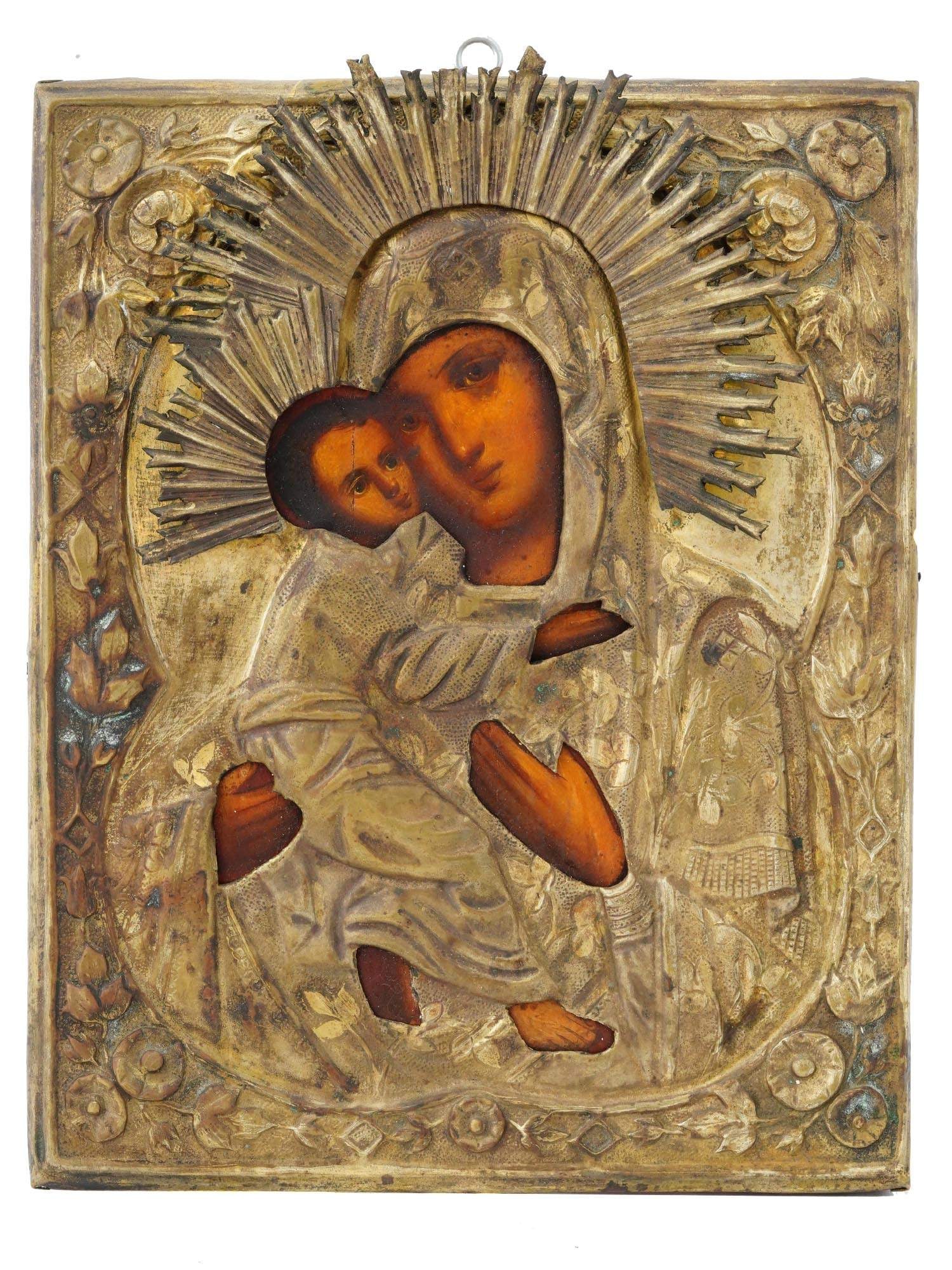 ANTIQUE RUSSIAN ICON MOTHER OF GOD IN SILVER RIZA (1 of 5)
