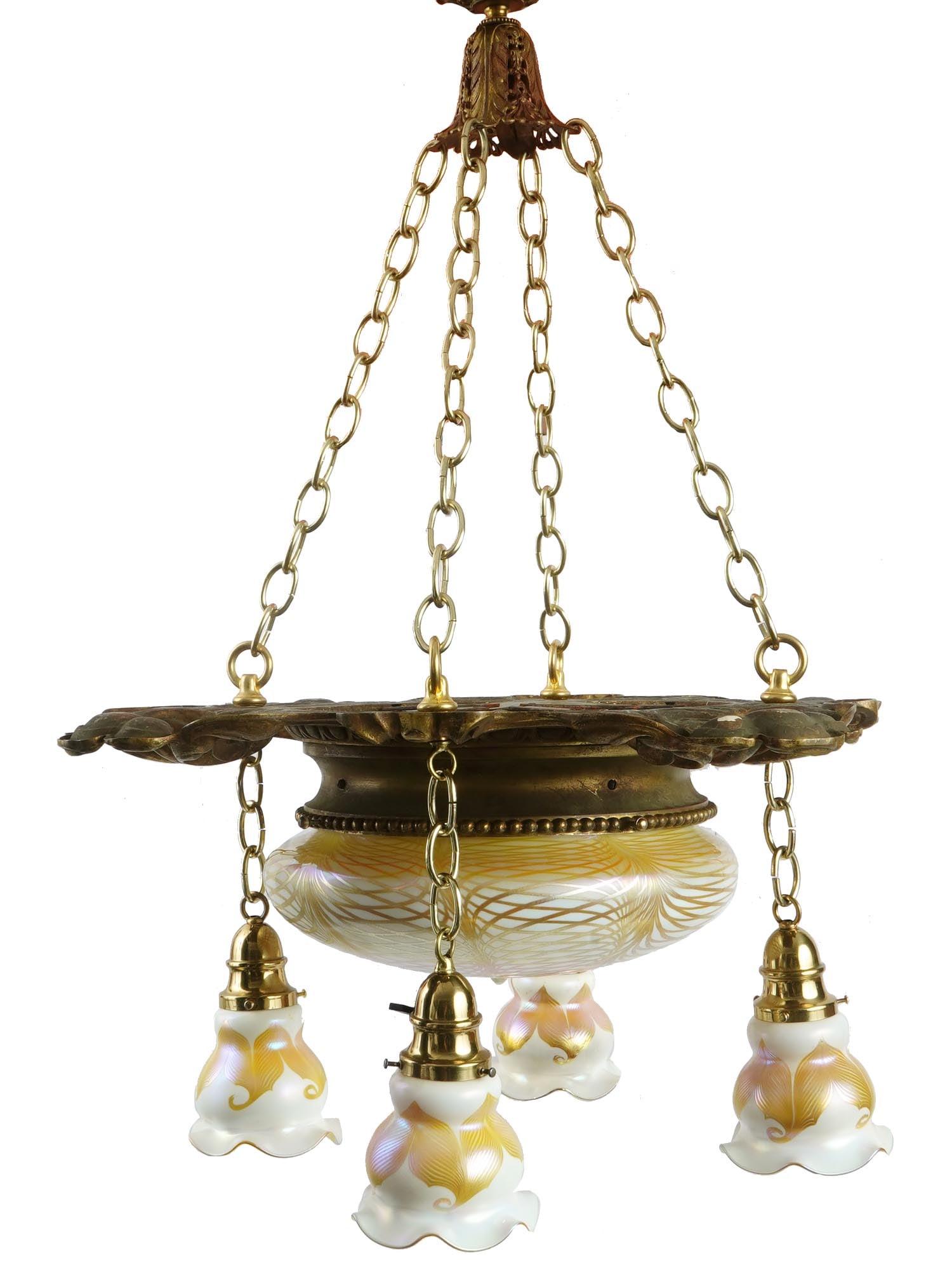 ANTIQUE GILT BRASS ART GLASS MOORISH STYLE CHANDELIER (1 of 11)