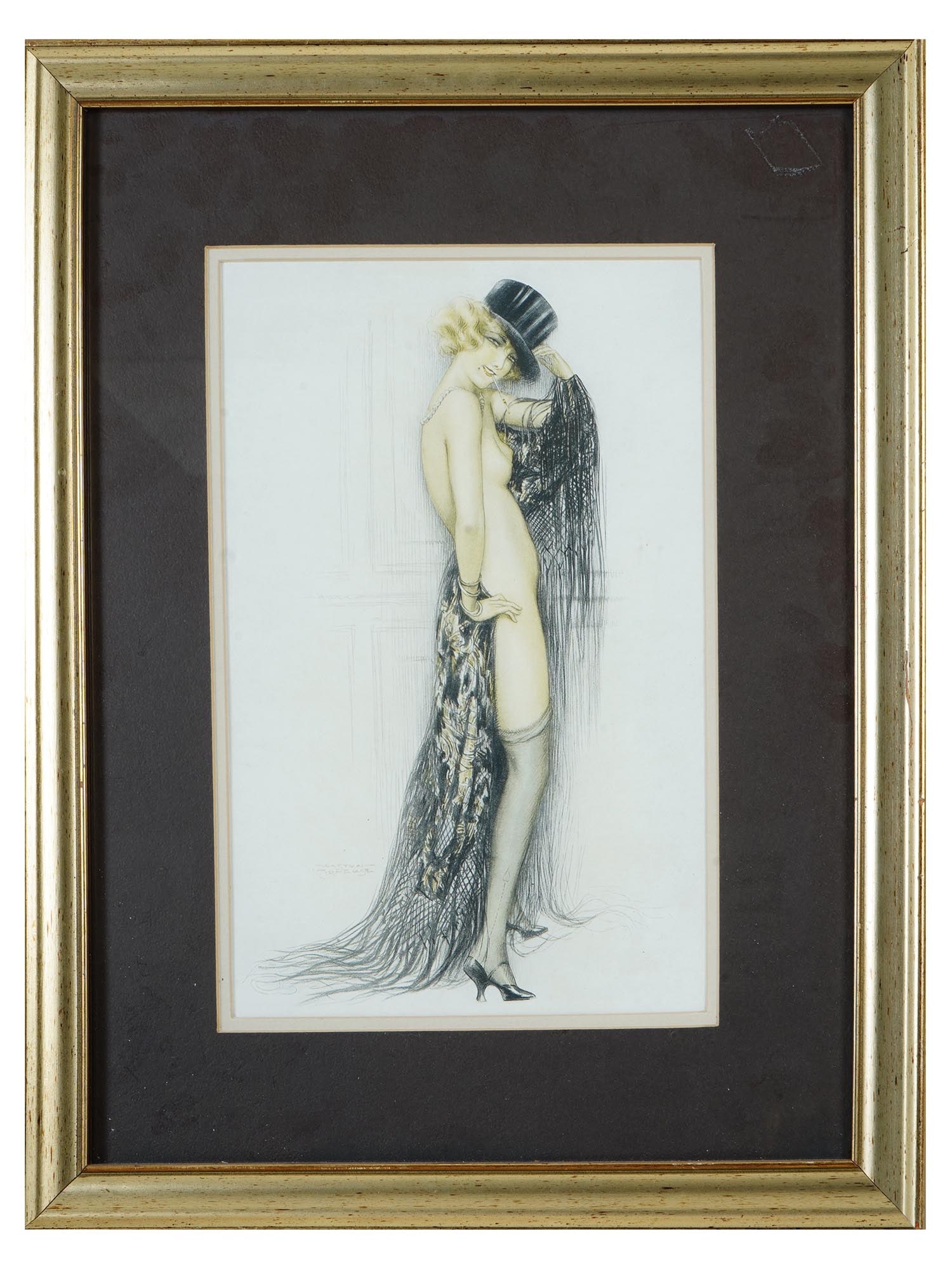VINTAGE FRENCH GASTON DE CIRMEUSE NUDE LADY PRINT: A vintage French nude print of Gaston de Cirmeuse artwork. The artwork depicts a standing nude blonde beauty in a black openwork shawl and with a top hat on her head. Matted and framed. Signed lower l