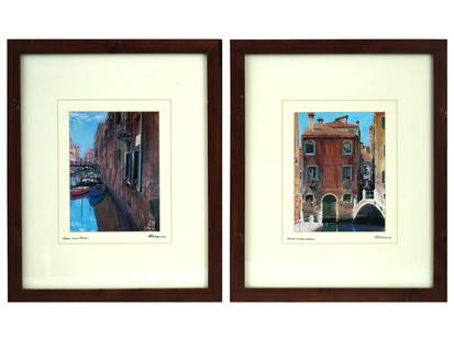 AMERICAN VENICE CITYSCAPE PRINTS BY MARTIN ROBERTS: Martin Roberts, Modern American artist and photographer, a pair of color prints, Canal with Roses, Bridge to Four Windows, from Canal Series. Each is signed, lower right. Each is titled, lower left. F