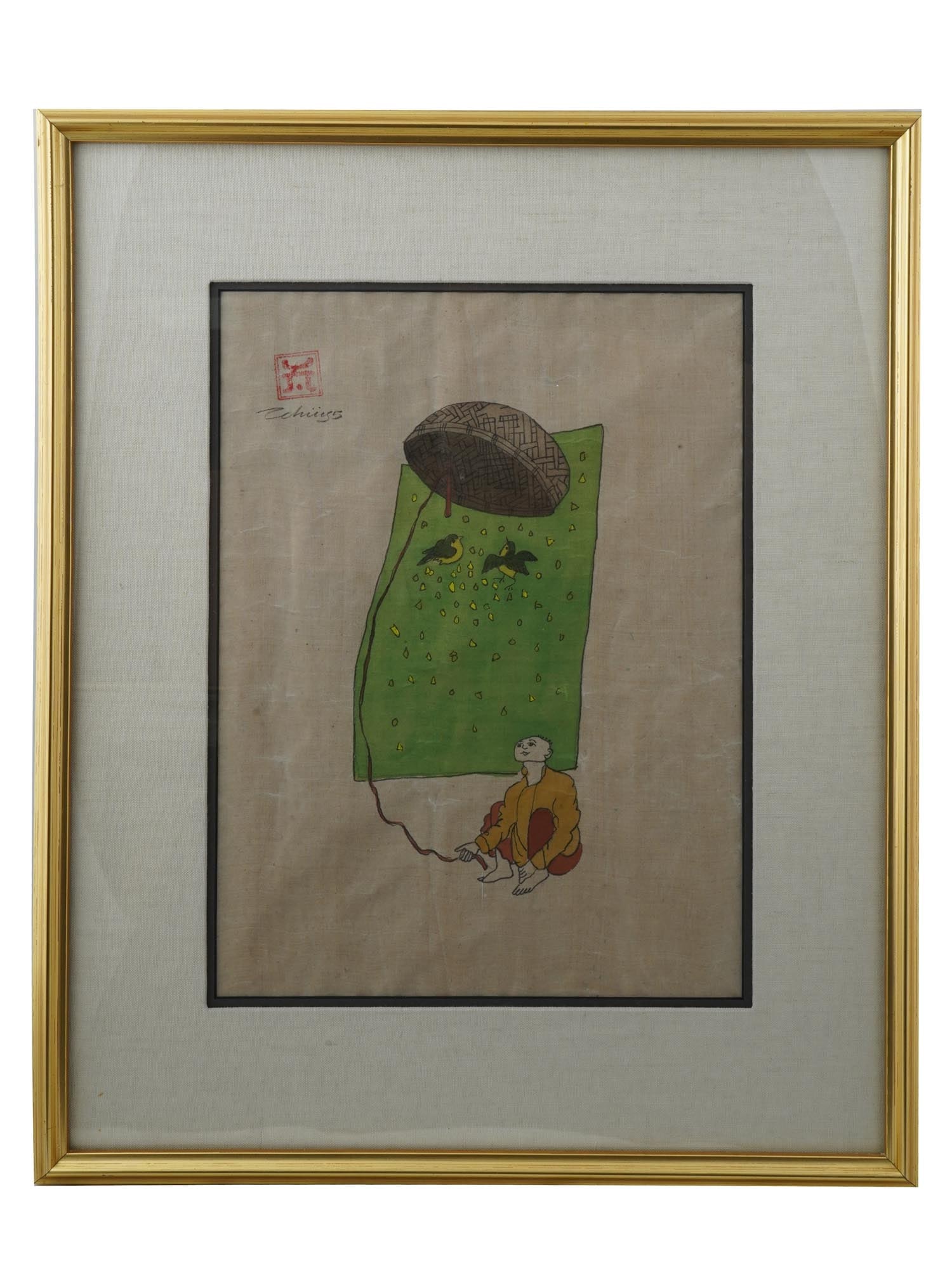 CONTEMPORARY CHINESE WOODBLOCK BIRD CAGE SIGNED: Woodblock print on fabric. Chinese, late 20t century. Hand-colored with watercolor. The artwork depicts a man releasing a bird cage. Artists seal and signature in the upper left. White mat, golden fra