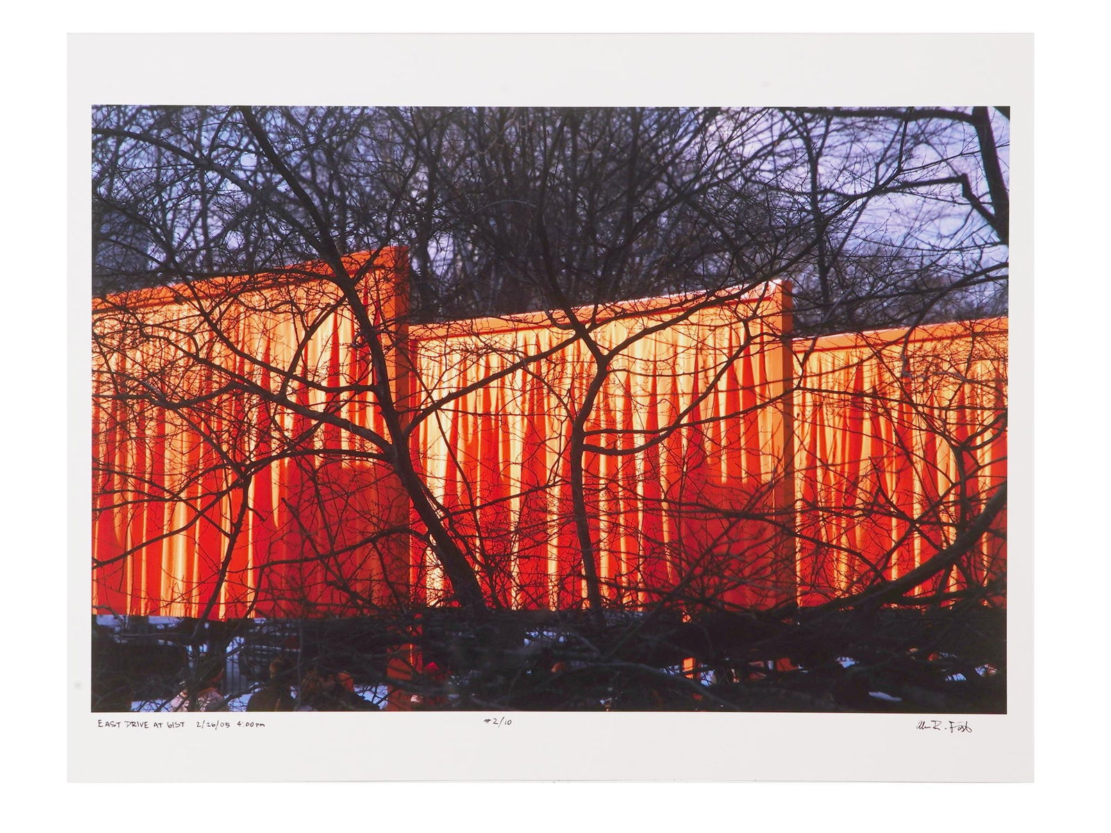 AMERICAN AHRON FOSTER ARCHIVAL PIGMENT PRINT 2005: A signed archival pigment print by Ahron Foster titled Out of Gates, 2005. Limited edition, 2 of 10. The print features a large colorful installation with fluttering red fabric. Inscribed East Drive a
