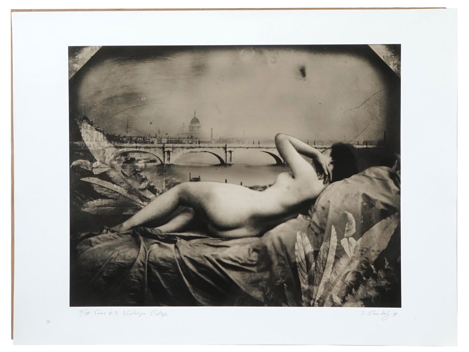 1999 LIMITED EDITION COLLAGE PRINT BY L. CANDAS: Monochrome photo print on paper. The artwork is a collage juxtaposition of a London panorama and reclining nude woman. Titled Venus no. 3, Nostalgic Vintage and numbered 27 out of 199 in the lower lef