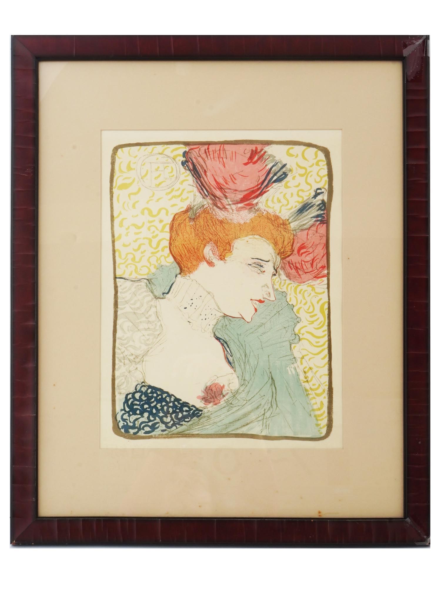 AFTER TOULOUSE-LAUTREC FEMALE PORTRAIT LITHOGRAPH: Color lithograph on paper, after the 1895 artwork titled Mademoiselle Marcelle Lender by Henri de Toulouse-Lautrec, 1864 to 1901, a French Postimpressionist painter and caricaturist. The artwork depic