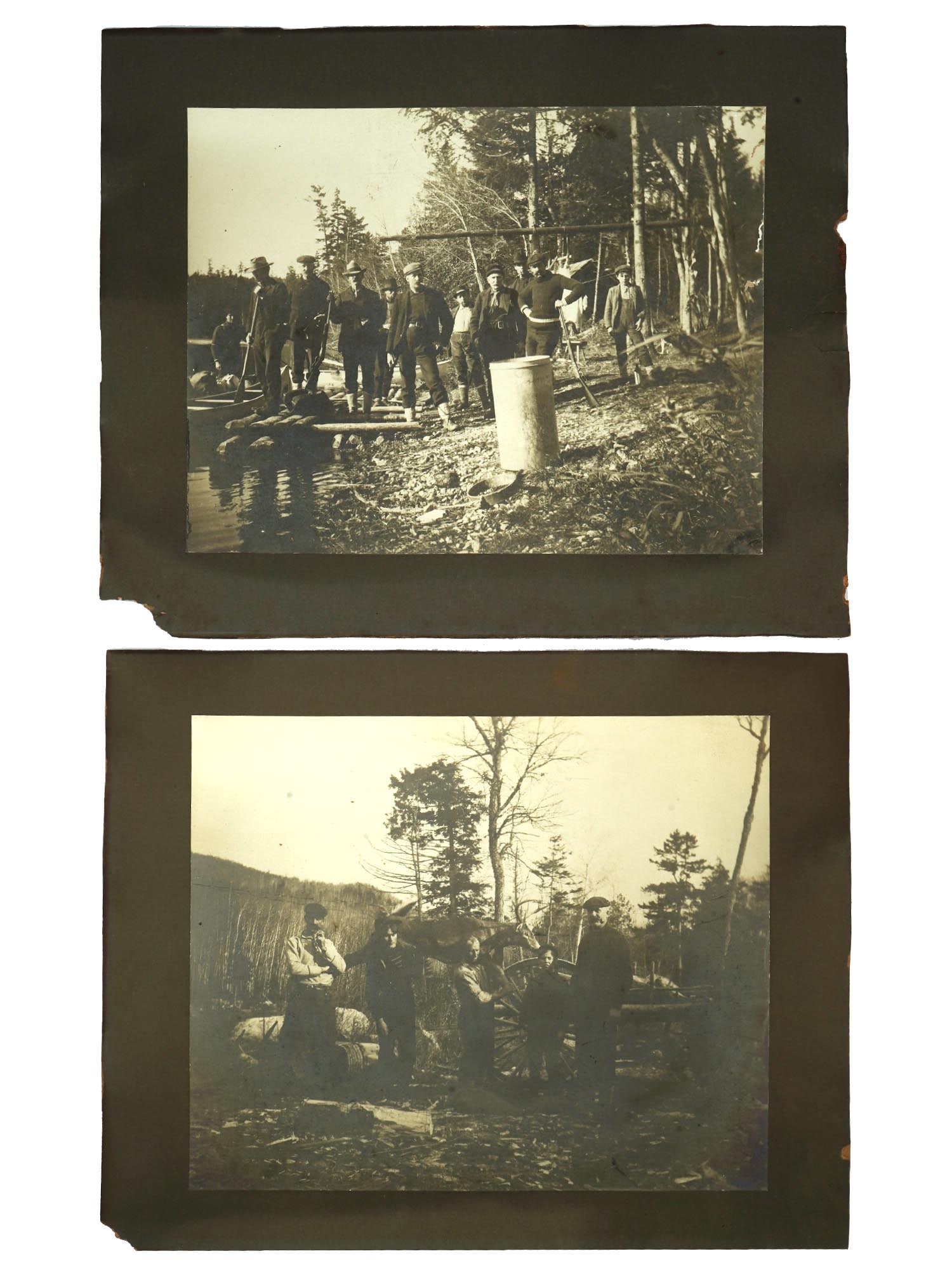 TWO HISTORICAL ANTIQUE AMERICAN PHOTOS: A lot of two historical antique American photos. The first photo shows a group of five men standing in front of a cart. Two men are holding a large deer on their shoulders. The second photo shows peop