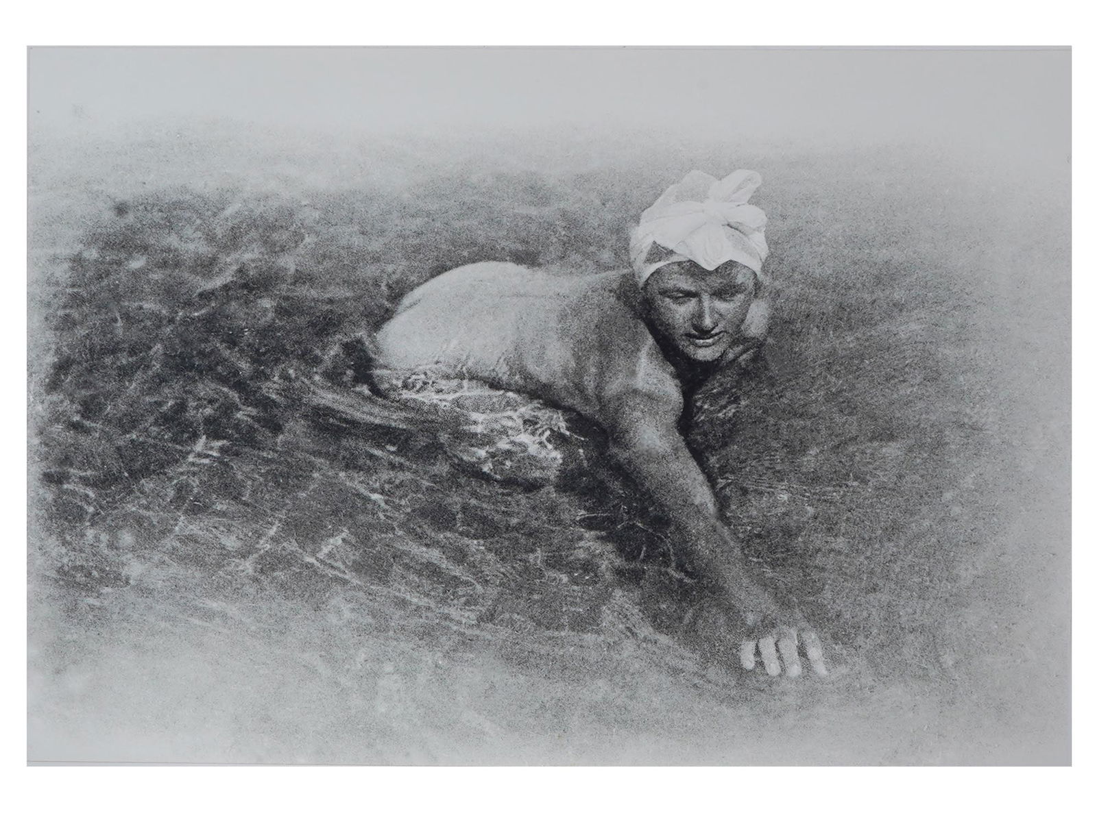 1930 UZBEK SOVIET ERA PORTRAIT PHOTO BY SEMEN MALT: Semen Adolfovich Malt, Uzbek, Soviet era, 1900 to 1968, black and white photograph, at Issyk Kul, depicting a portrait of a bathing woman, 1930. Printed in 1998 from a glass negative. Inscribed, title