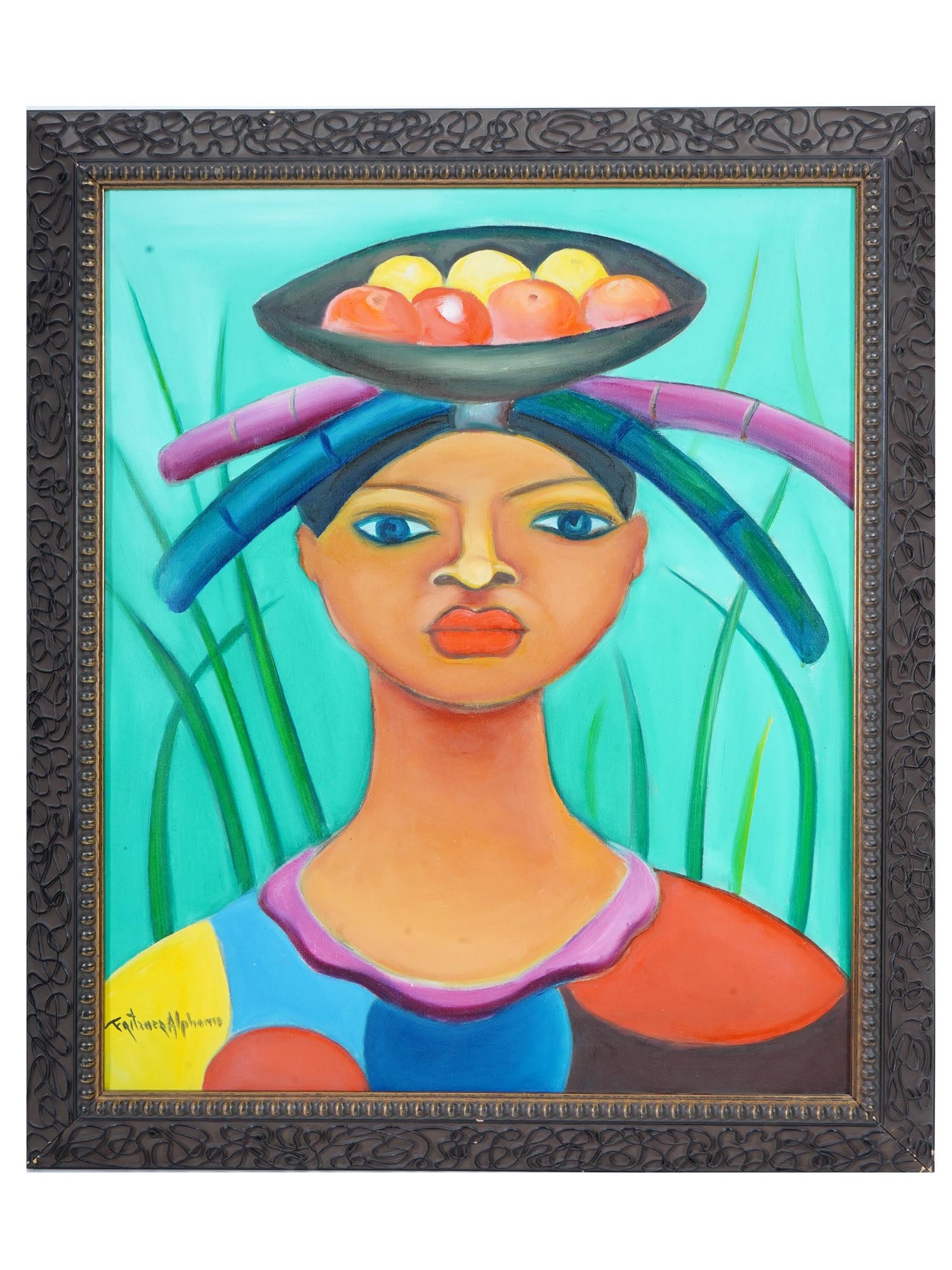 HAITIAN PORTRAIT OIL PAINTING BY ALPHONSE FRITZNER: Alphonse Fritzner, Haitian, 1938 to 2006, oil painting on canvas depicting a portrait of a woman with a fruit bowl on the top of the head. Signed lower left. Framed. Fritzner Alphonse was born in Port
