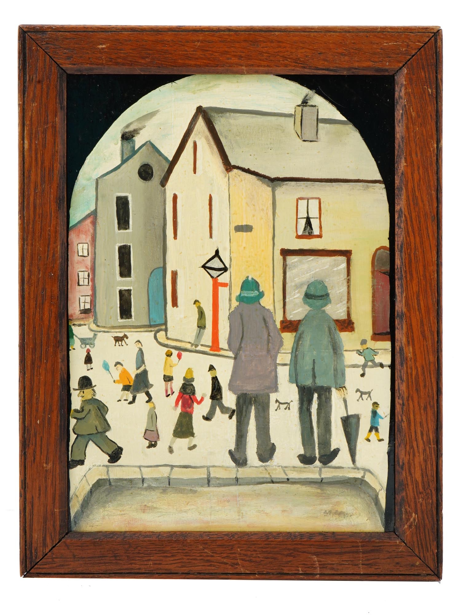 VINTAGE ENGLISH OIL PAINTING DEDICATED L S LOWRY: A vintage English oil on the board painting, titled Two Critics Looking at Lowrys World. Circa the late 20th century. The painting is dedicated to the work of the English artist Laurence Stephen Lowry