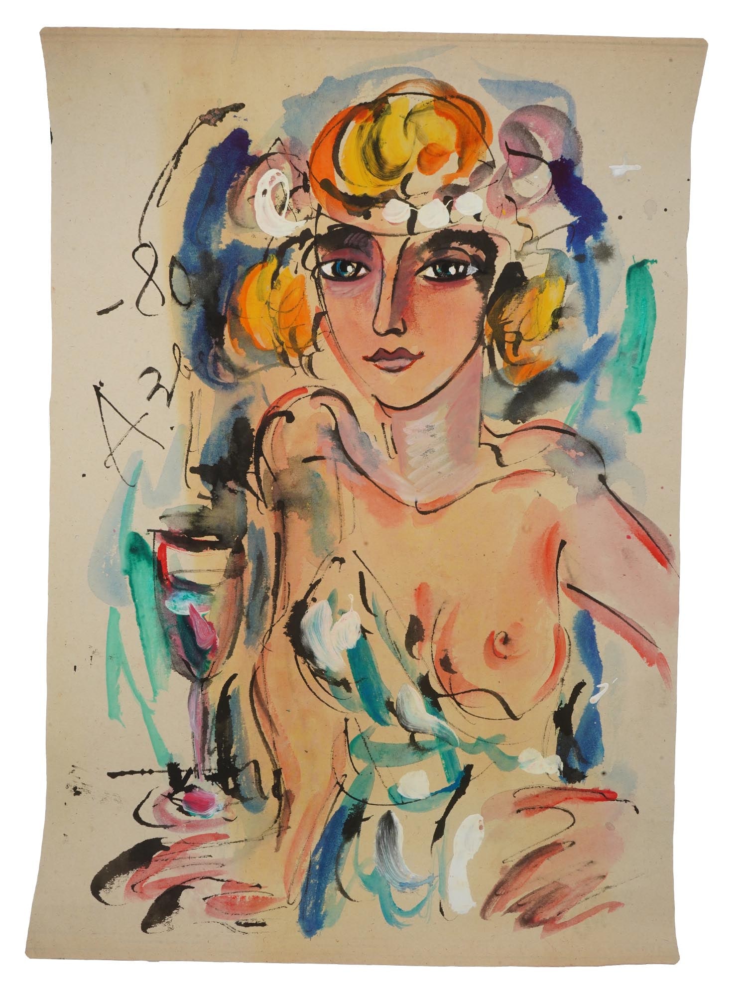 ATTR TO ANATOLY ZVEREV RUSSIAN MIXED MEDIA PAINTING: Attributed to Anatoly Timofeivich Zverev, Russian, Soviet era, 1931 to 1986, mixed media painting on paper depicting a semi nude portrait of a woman, 1980. Signed and dated, upper left. Anatoly Zverev