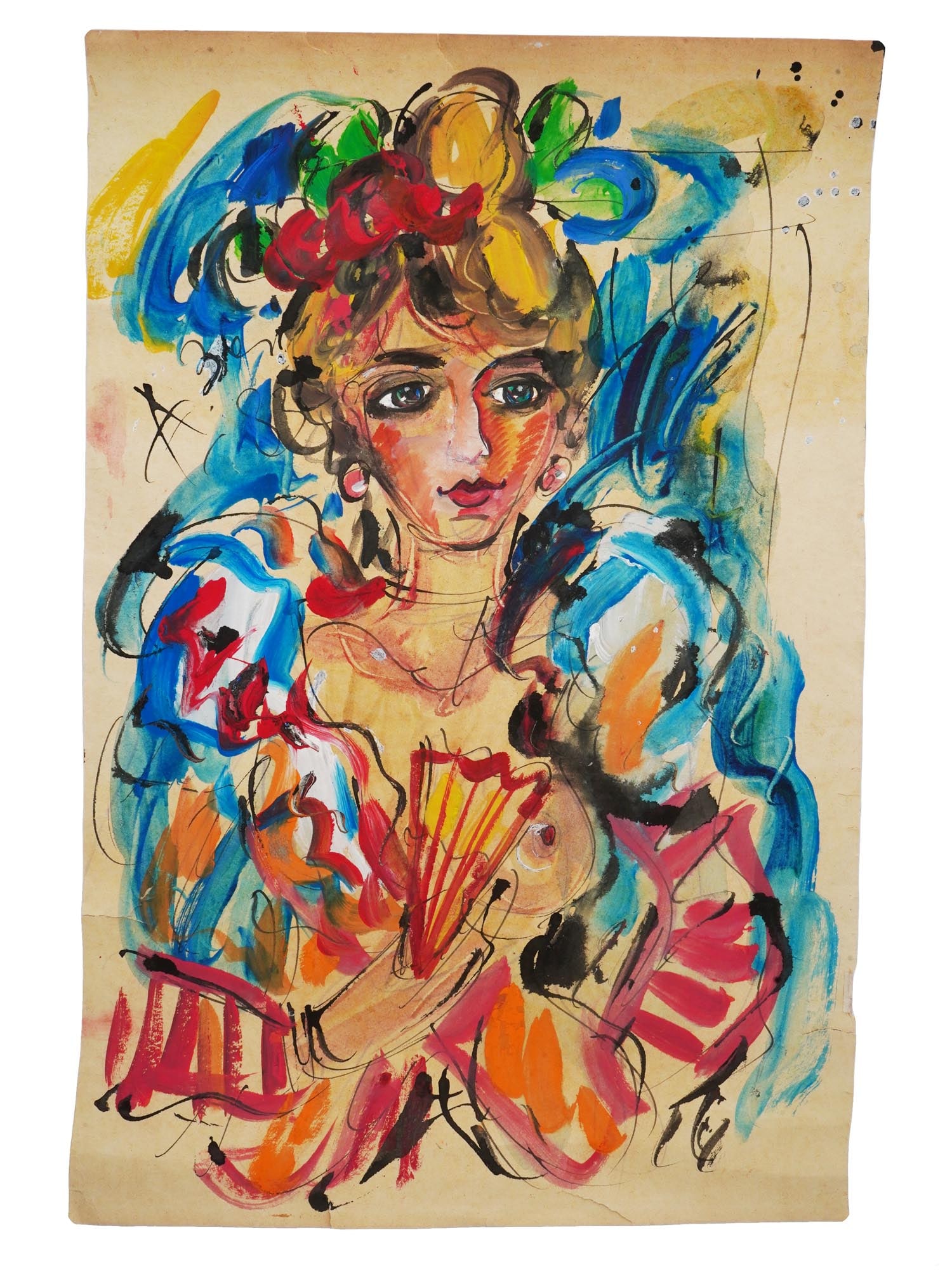 ATTR TO ANATOLY ZVEREV RUSSIAN MIXED MEDIA PAINTING: Attributed to Anatoly Timofeivich Zverev, Russian, Soviet era, 1931 to 1986, mixed media painting on paper depicting a semi nude portrait of a woman holding a fan, 1983. Signed and dated, upper left.