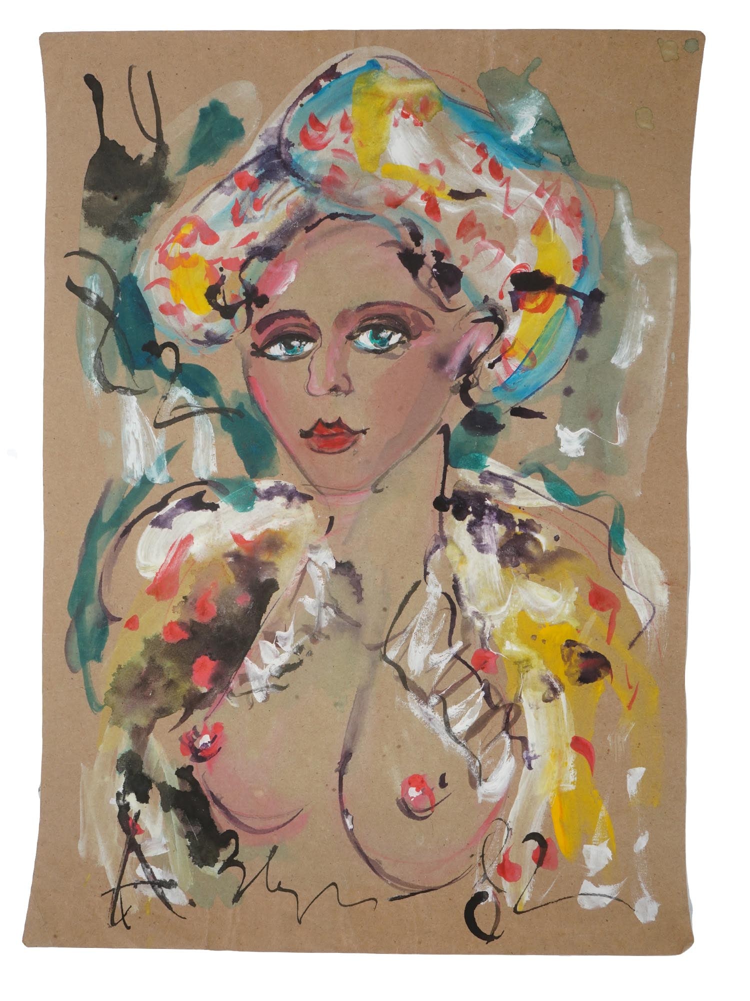 ATTR TO ANATOLY ZVEREV RUSSIAN MIXED MEDIA PAINTING: Attributed to Anatoly Timofeivich Zverev, Russian, Soviet era, 1931 to 1986, mixed media painting on paper depicting a semi nude portrait of a woman, 1982. Signed and dated, lower to the center. Anato