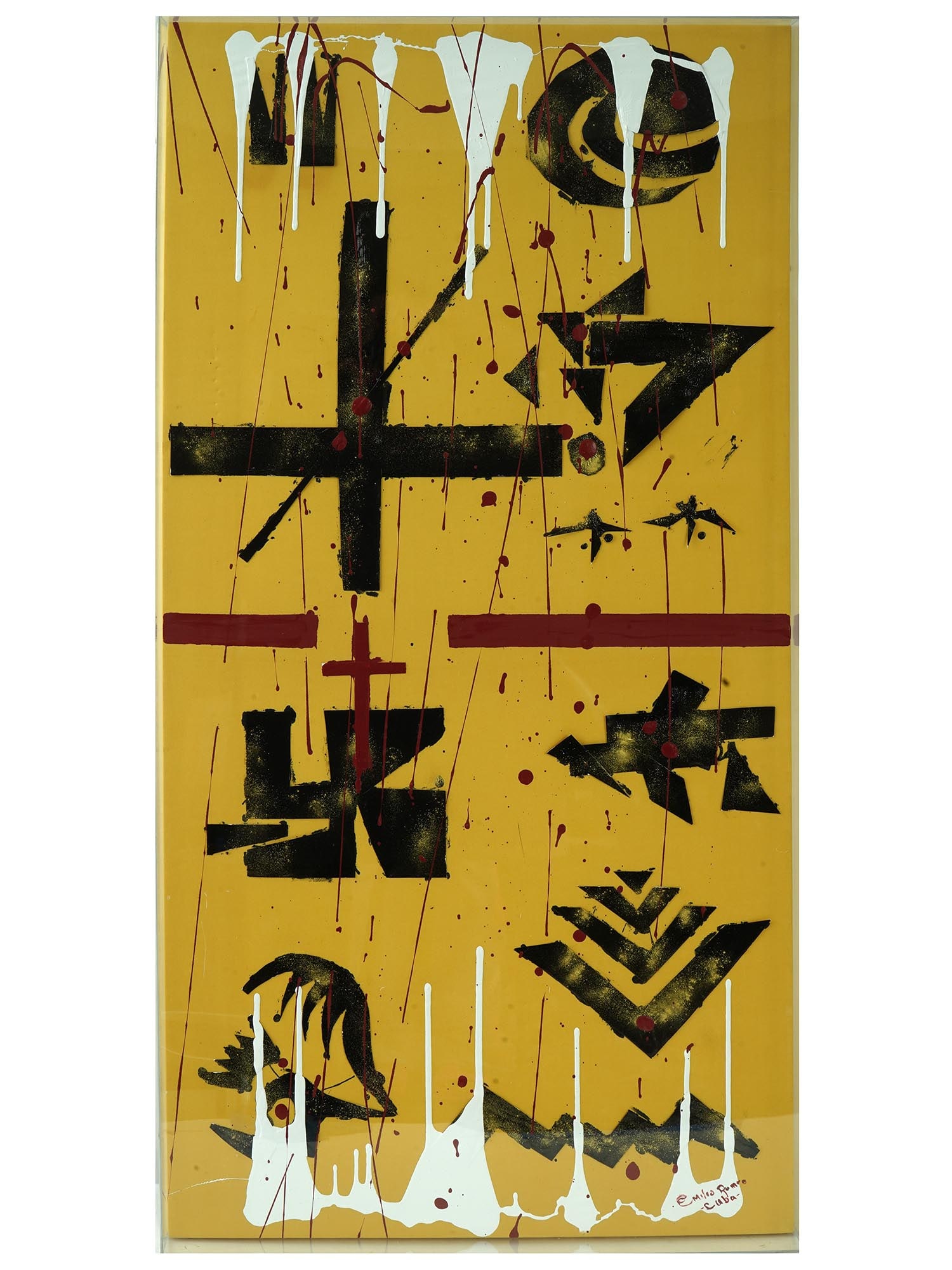 CUBAN EMILIO RUMRO MIXED MEDIA ABSTRACT PAINTING: A Cuban mixed media on fabric Abstract painting by Emilio Rumro. Apparently, the artist's real last name is Romero. The painting depicts a complex abstract composition on a yellow background. Signed l