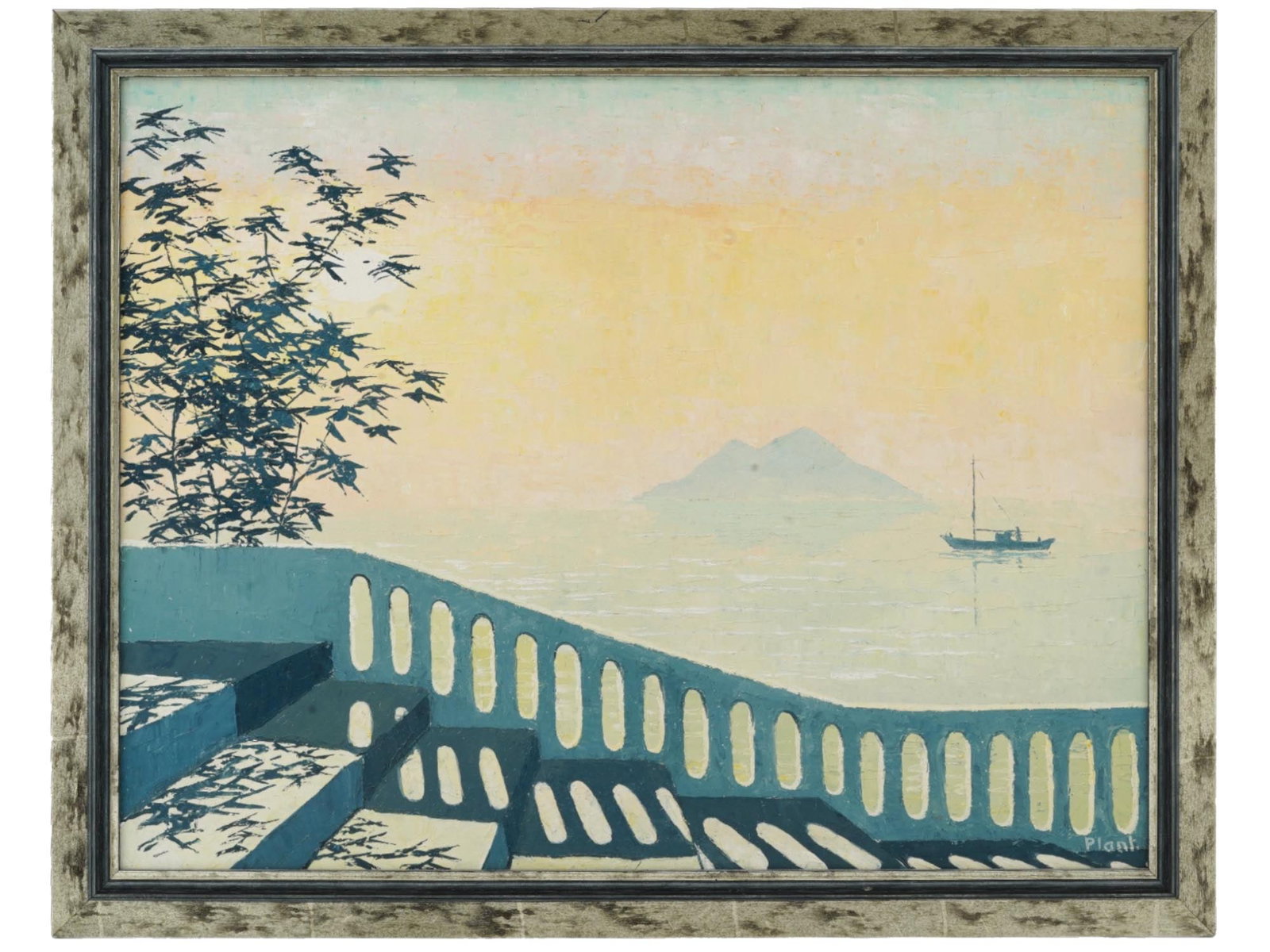 MID CENT BRITISH SEASCPE OIL PAINTING SIGNED: Oil on board painting. British, mid to late 20th century. The artwork depicts a sunrise seaside view. Signed by the artist in the lower right, Plant. Wooden frame. Collectible Fine Art, Maritime Nauti