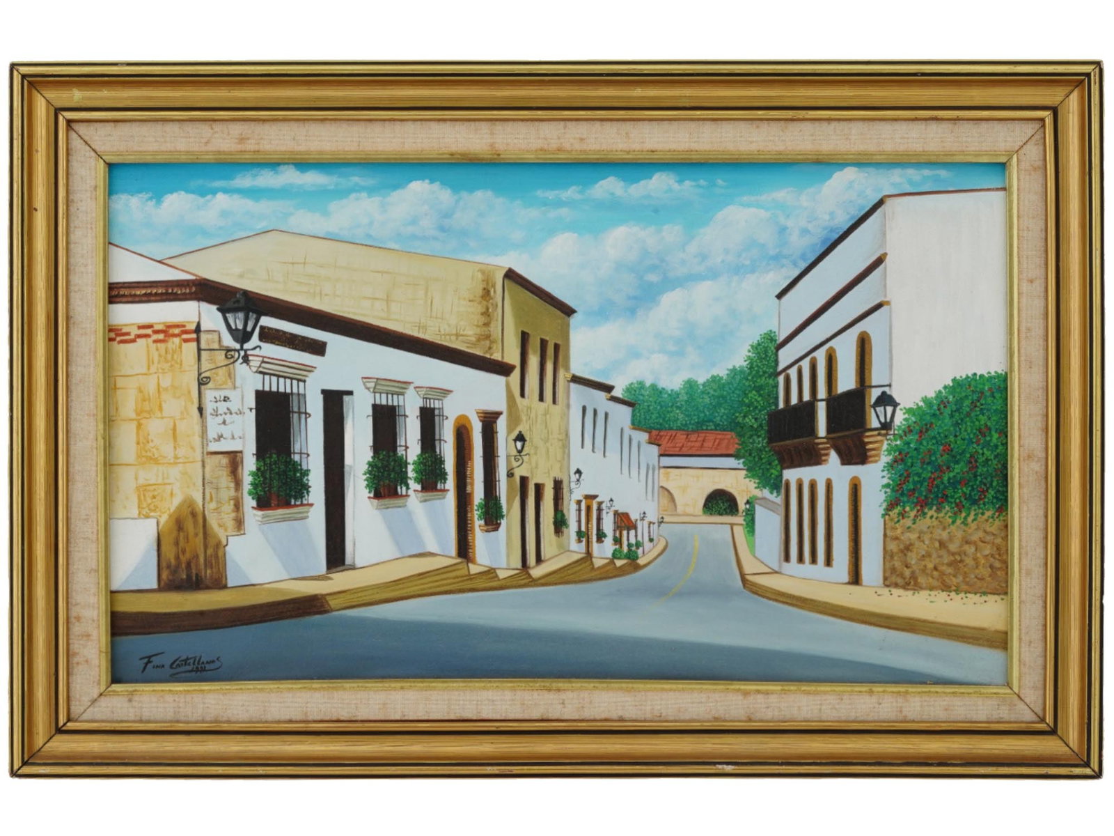 1990S CITYSCAPE OIL PAINTING BY FINA CASTELLANOS: Oil on board painting. Presumably Spanish or Mexican, late 20th century. The artwork represents a street view of an old town. Signed by the artist, Fina Castellanos, and dated 1991 in the lower left. 