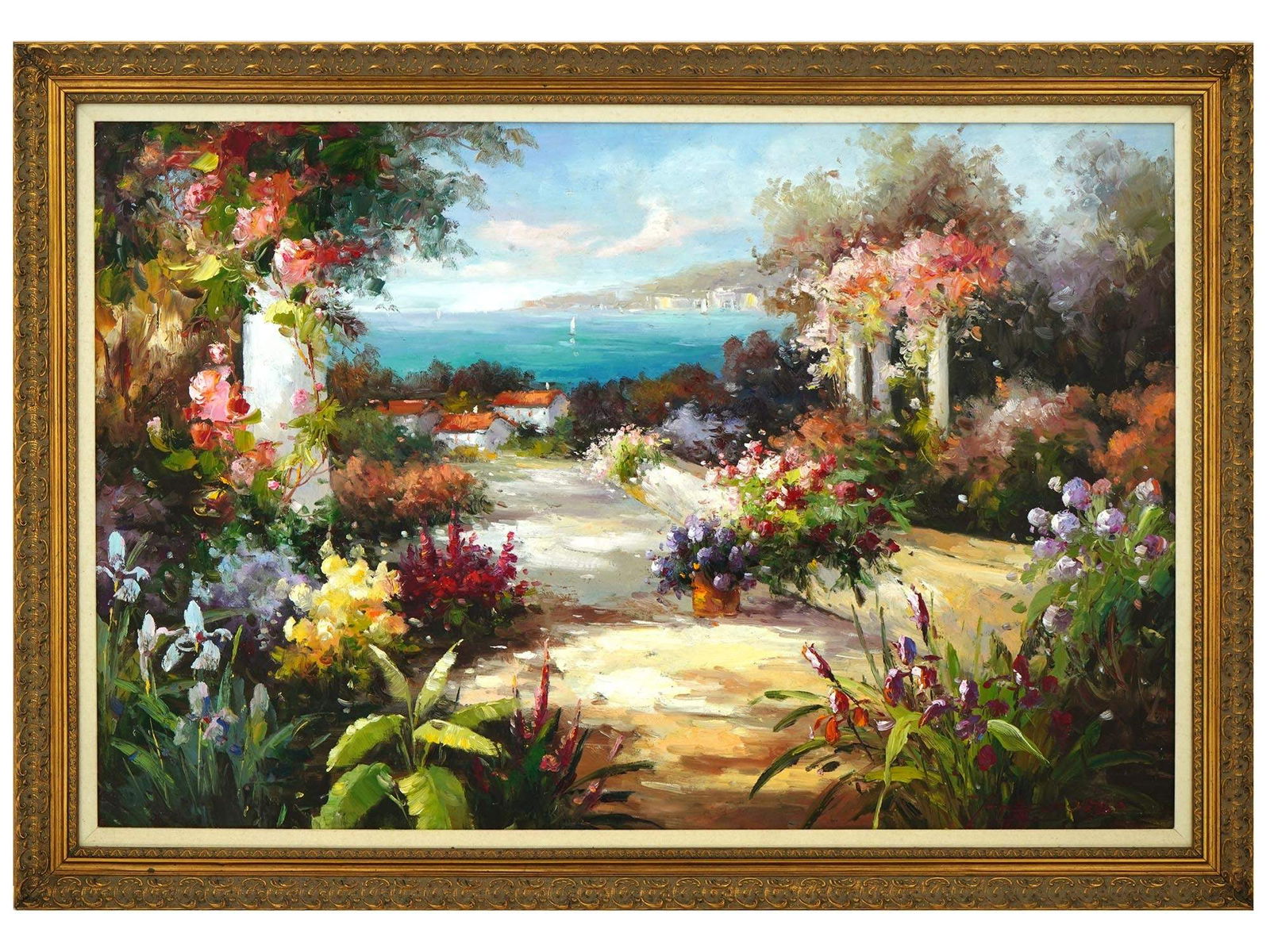 MEDITERRANEAN GARDEN LANDSCAPE OIL PAINTING SIGNED (1 of 7)
