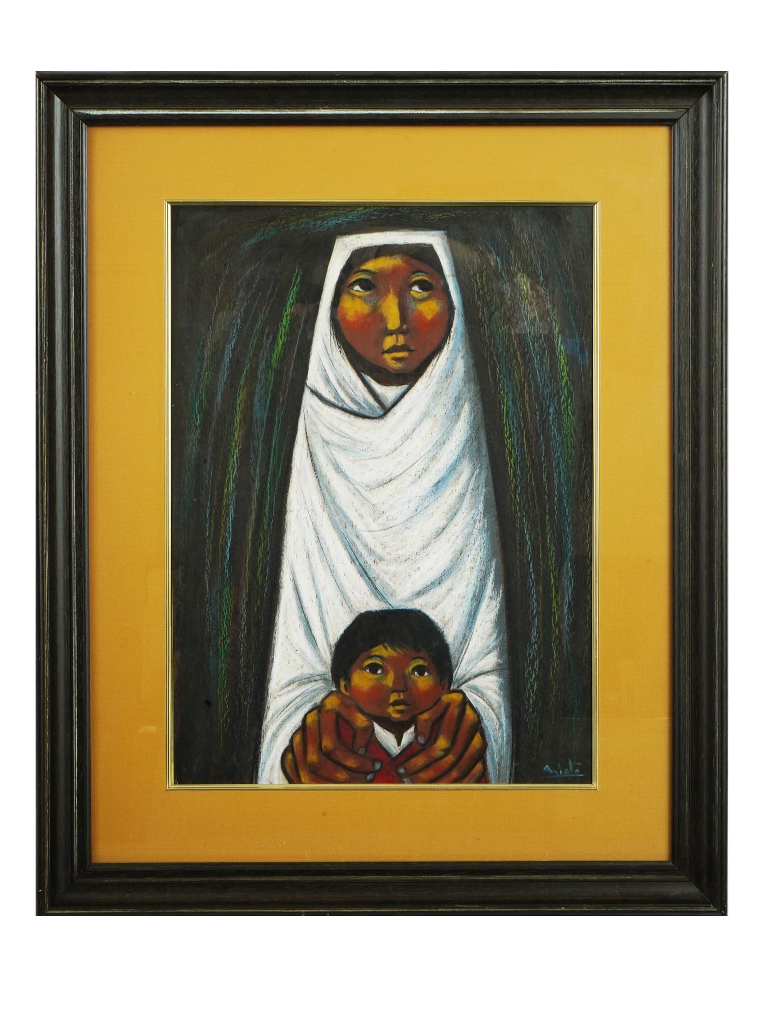 ECUADORIAN ARTURO NIETO PASTEL PORTRAIT PAINTING: A vintage late 20th century Ecuadorian mother and child pastel portrait painting by Arturo Nieto. Circa 1980s. The painting, against a green background, shows a mother wrapped in a white robe with her