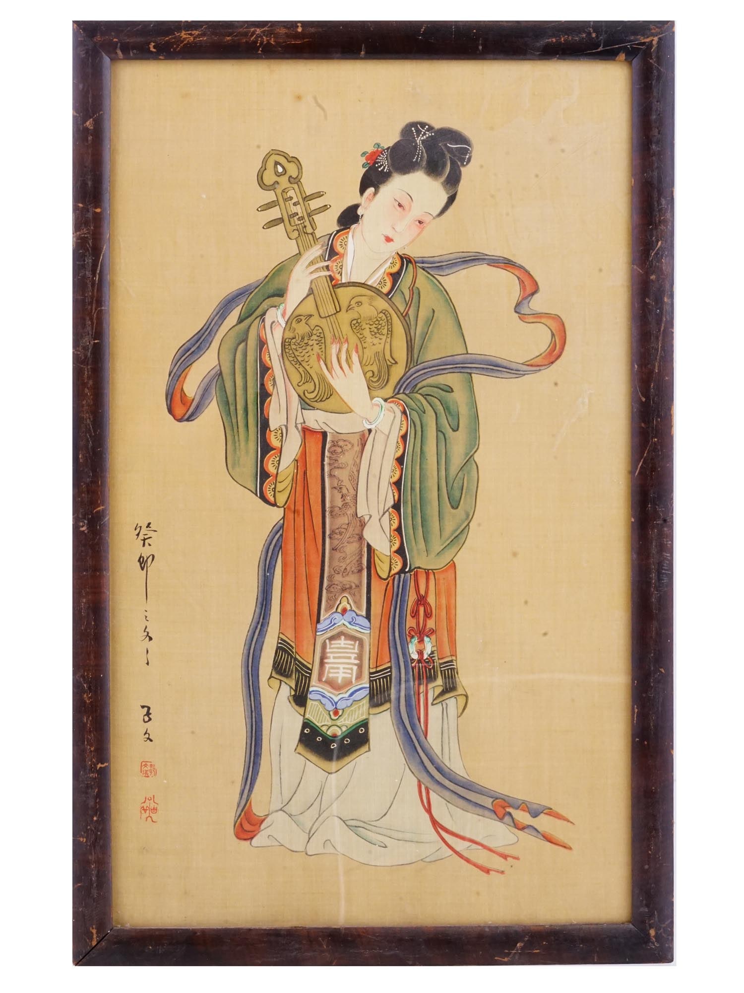 ANTIQUE JAPANESE WATERCOLOR PAINTING ON SILK SIGNED: An antique Japanese ink and watercolor painting on silk depicting a portrait of a Geisha lady playing a traditional musical instrument. Signed, inscribed and two res seals, lower left. Circa: early 20