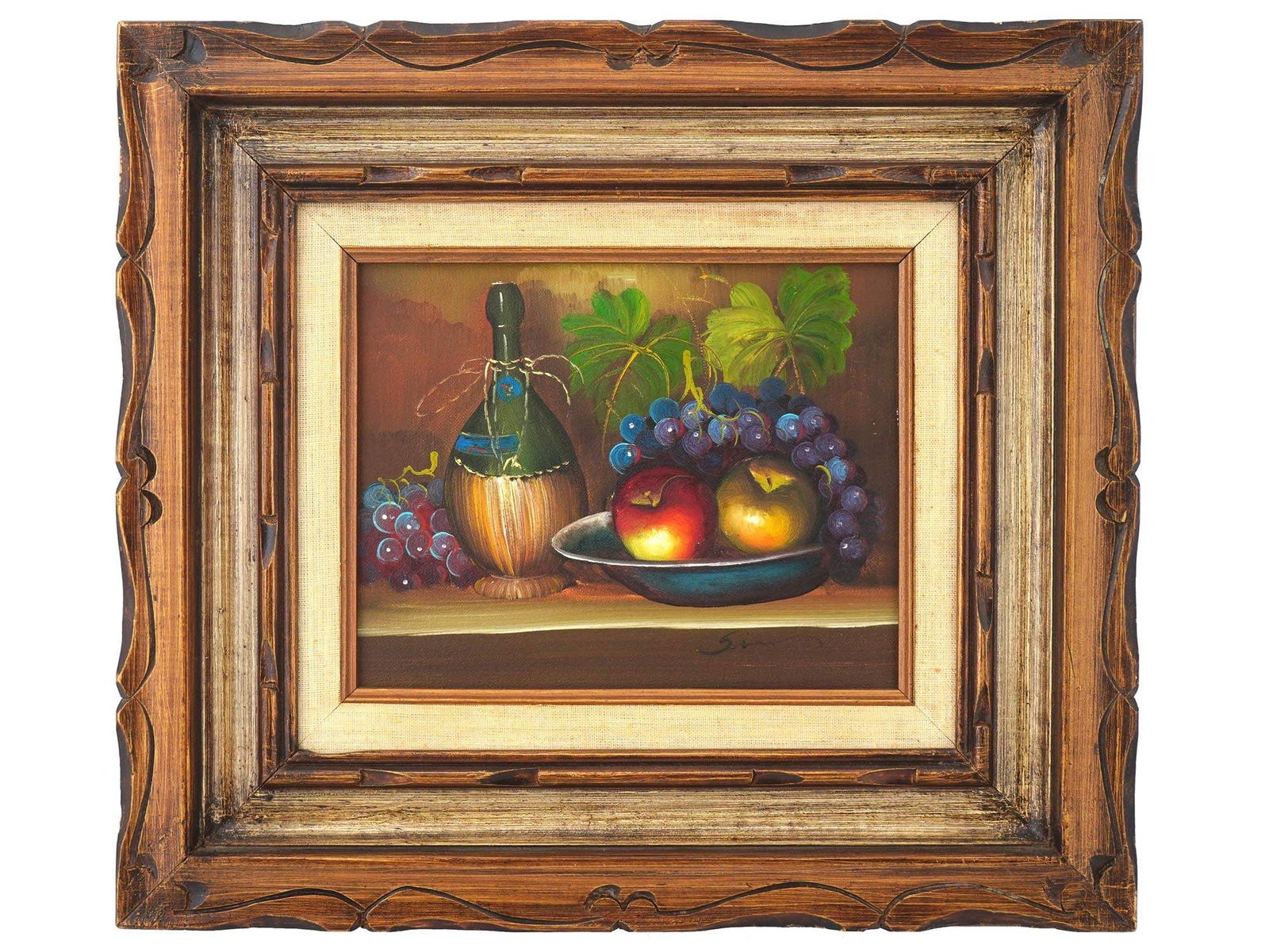 VINTAGE AMERICAN OIL PAINTING ON CANVAS BY SIMON: A vintage American oil painting on canvas by Simon depicts a still life with apples, grapes, and wine. Signed lower right. Circa the late 20th century. Matted and framed. Modern and Vintage American S