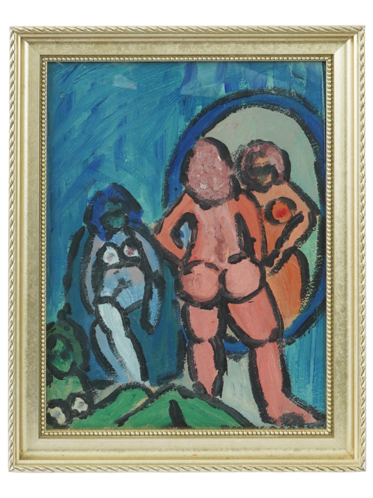 AMERICAN FEMALE NUDE PAINTING BY DONNY MARKS: Gouache on paper painting. American, mid to late 20th century. The artwork depicts three nude women in front of a mirror. Modernist pictorial manner. Signed by the artist in the lower right, Donny Mar