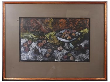 VINTAGE STILL LIFE PAINTING WITH FRUIT ON PAPER