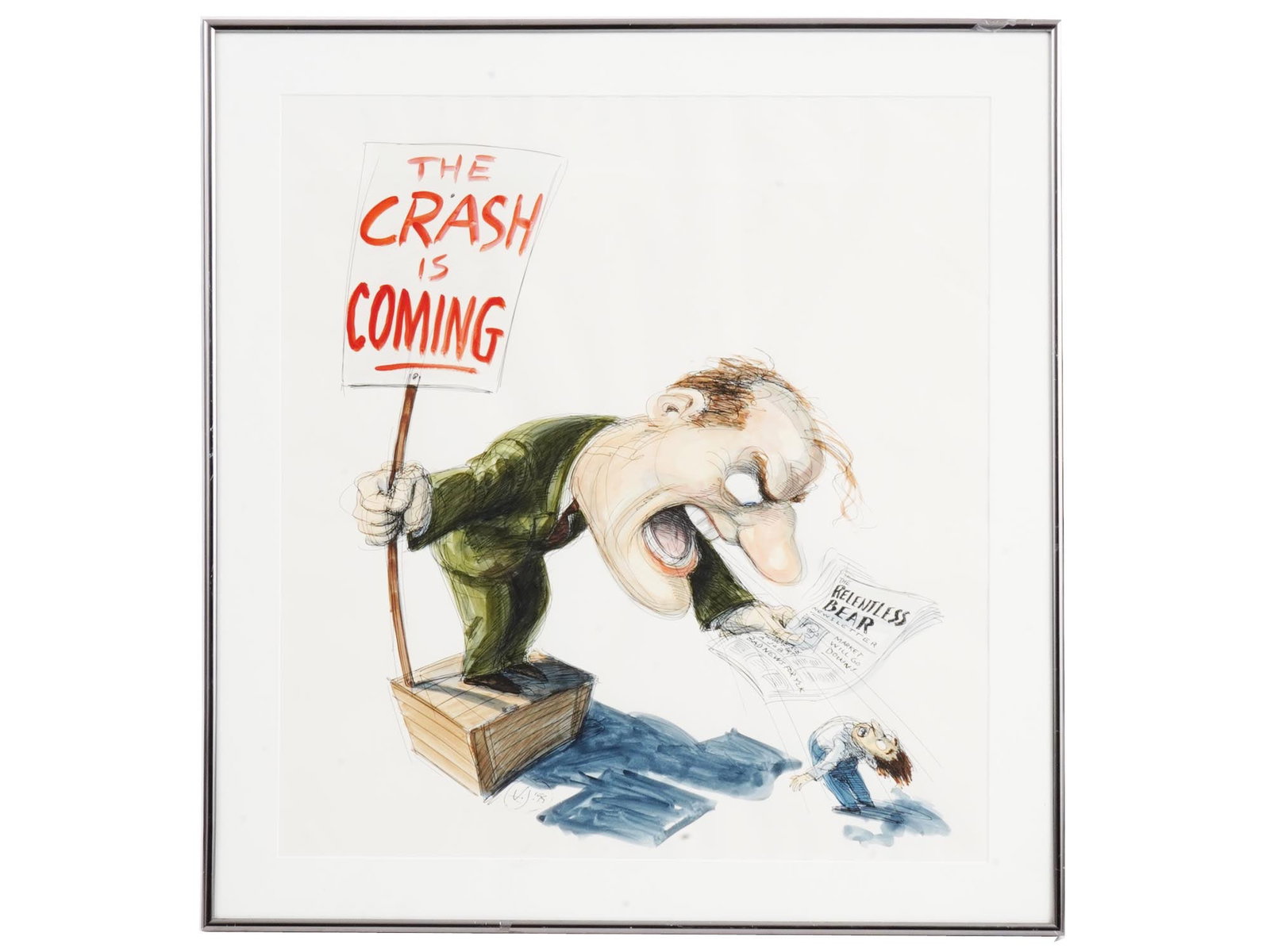 AMERICAN CARICATURE MIXED MEDIA PAINTING BY VICTOR JUHASZ: Ink and watercolor on the paper cartoon by Victor Juhasz, born 1954, an American artist and book illustrator. The artwork is a political caricature, it depicts a screaming man with a sign in one hand 