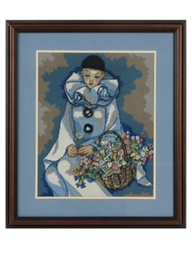 VINTAGE HAND MADE EMBROIDERY CLOWN WITH FLOWERS FRAMED