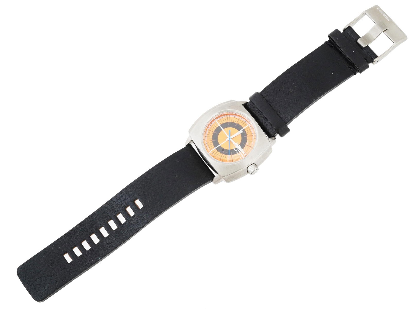 DIESEL 10 BAR MENS STAINLESS STEEL WRISTWATCH: A vintage wristwatch by Diesel. 10 Bar collection, model DZ1076, ca. 2000s. Water resistant. Rounded rectangular stainless steel case with single crown. Round orange and black dial, stick indexes, mar