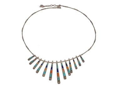VINTAGE NATIVE AMERICAN GEMSTONE INLAID SILVER NECKLACE