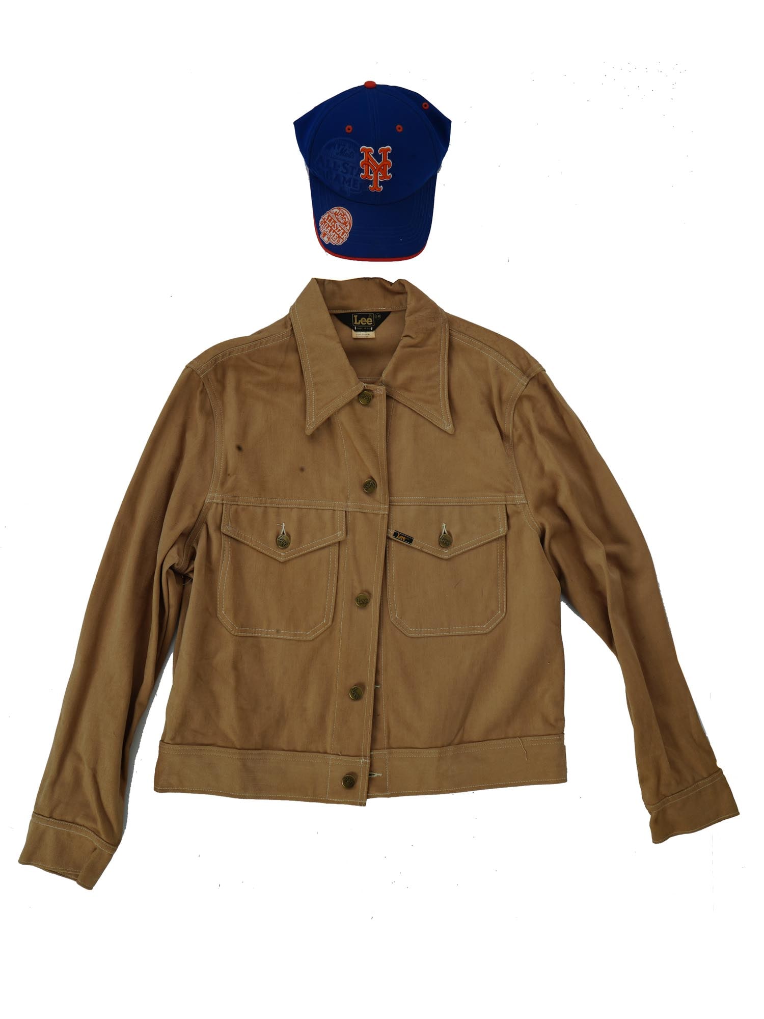 VINTAGE AMERICAN LEE MENS JACKET WITH METS CAP: A vintage American Lee mens Jacket with a Mets cap. The beige jacket with two closable chest pockets is marked made in the USA, 100 percent cotton. The Mets All Star Game cap with visor by 47 brand is