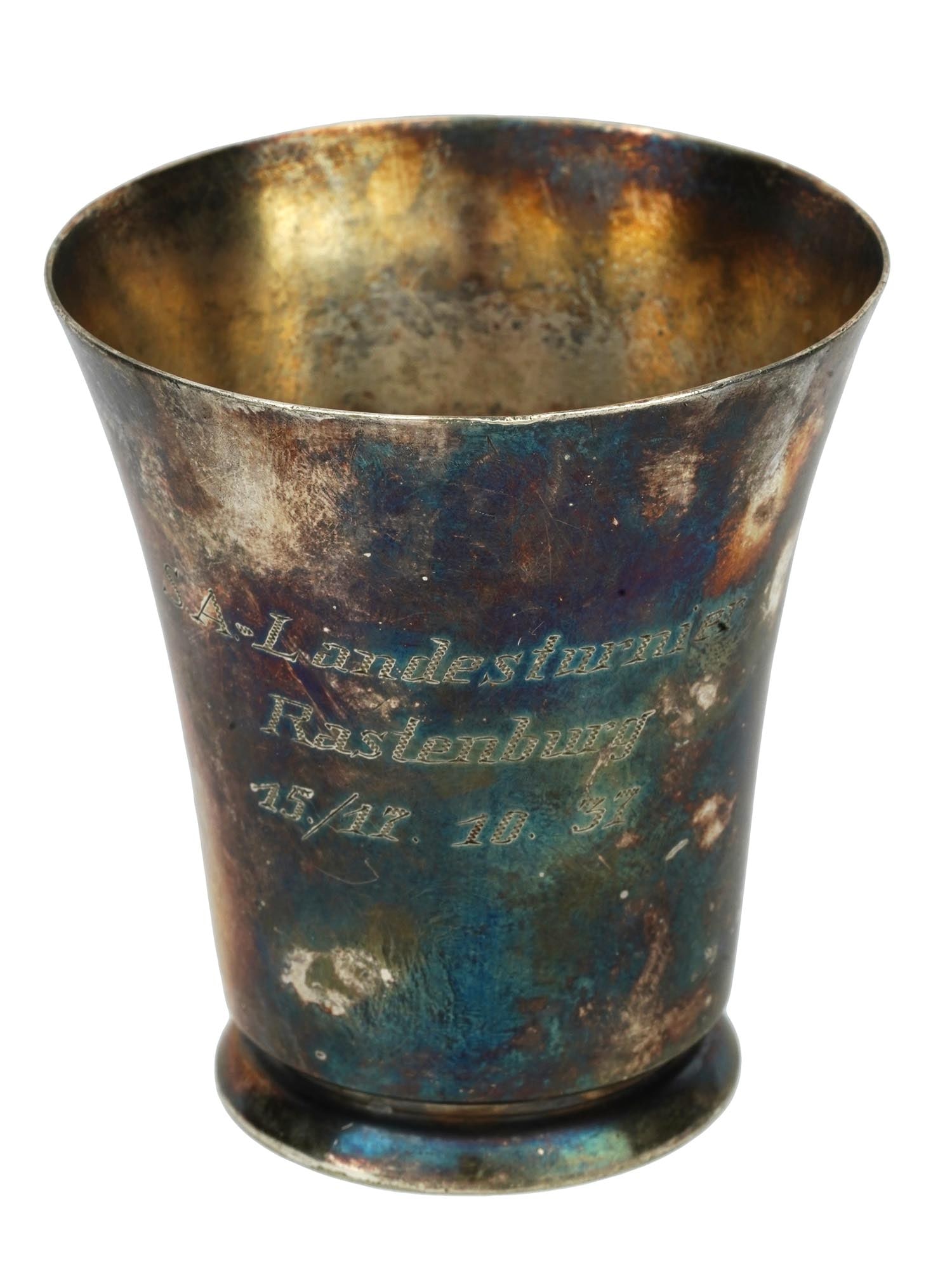 1937 NAZI GERMAN MILITARY SILVER PLATED SHOT CUP: A German Third Reich era silver-plated shot cup. Hand-etched inscription on the front: SA-Landesarmie, Rastenburg, 15-17.10.1937. Rastenburg, nowadays Ketrzyn, is a town in northeastern Poland. It was