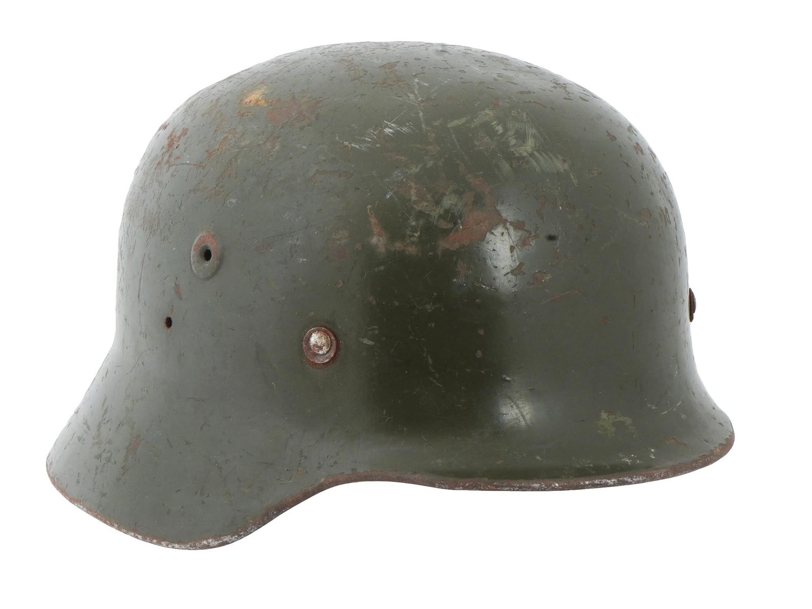 WWII TYPE NAZI GERMAN MILITARY STEEL HELMET STAHLHELM: A World War II type German military helmet, the Stahlhelm. A steel helmet intended to protect against shrapnel and fragments of grenades. Distinctive coal scuttle shape, matte khaki color. Leather and