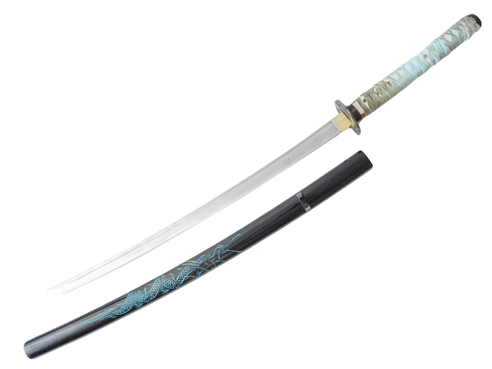 JAPANESE SAMURAI KATANA SWORD WITH SCABBARD: A Japanese Samurai katana sword with a scabbard. Features a slightly curved blade. The handle of the sword is made of wood featuring a dragon scaly ornament and wrapped with ropes. The round guard cal